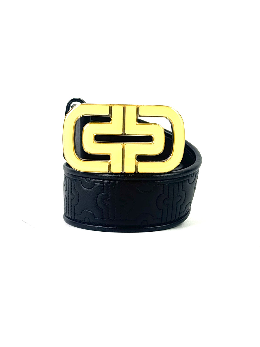Bvlgari Logo Embossed Black Leather Belt