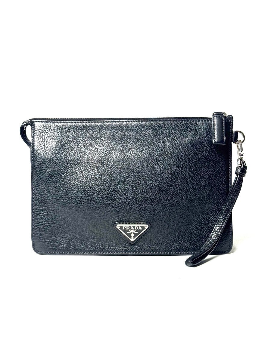 Prada Triangle Logo Grain Leather Standing Clutch