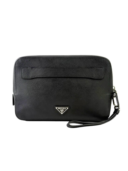 Prada Triangle Logo Saffiano Leather Black Double Zipper Clutch