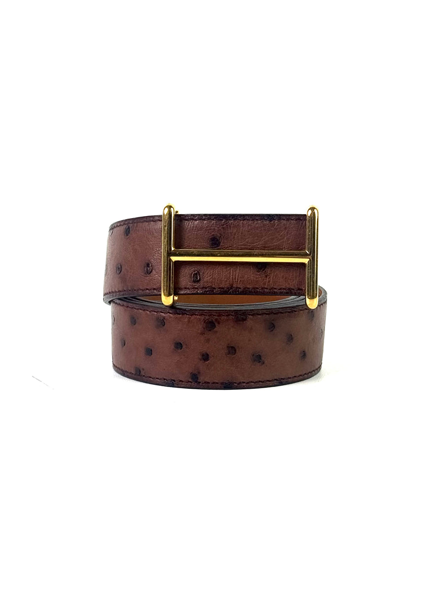 Hermès H Gold Buckle Brown Ostrich Leather Reversible Belt