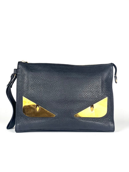 Fendi Gold Monster Eye Grain Leather Clutch