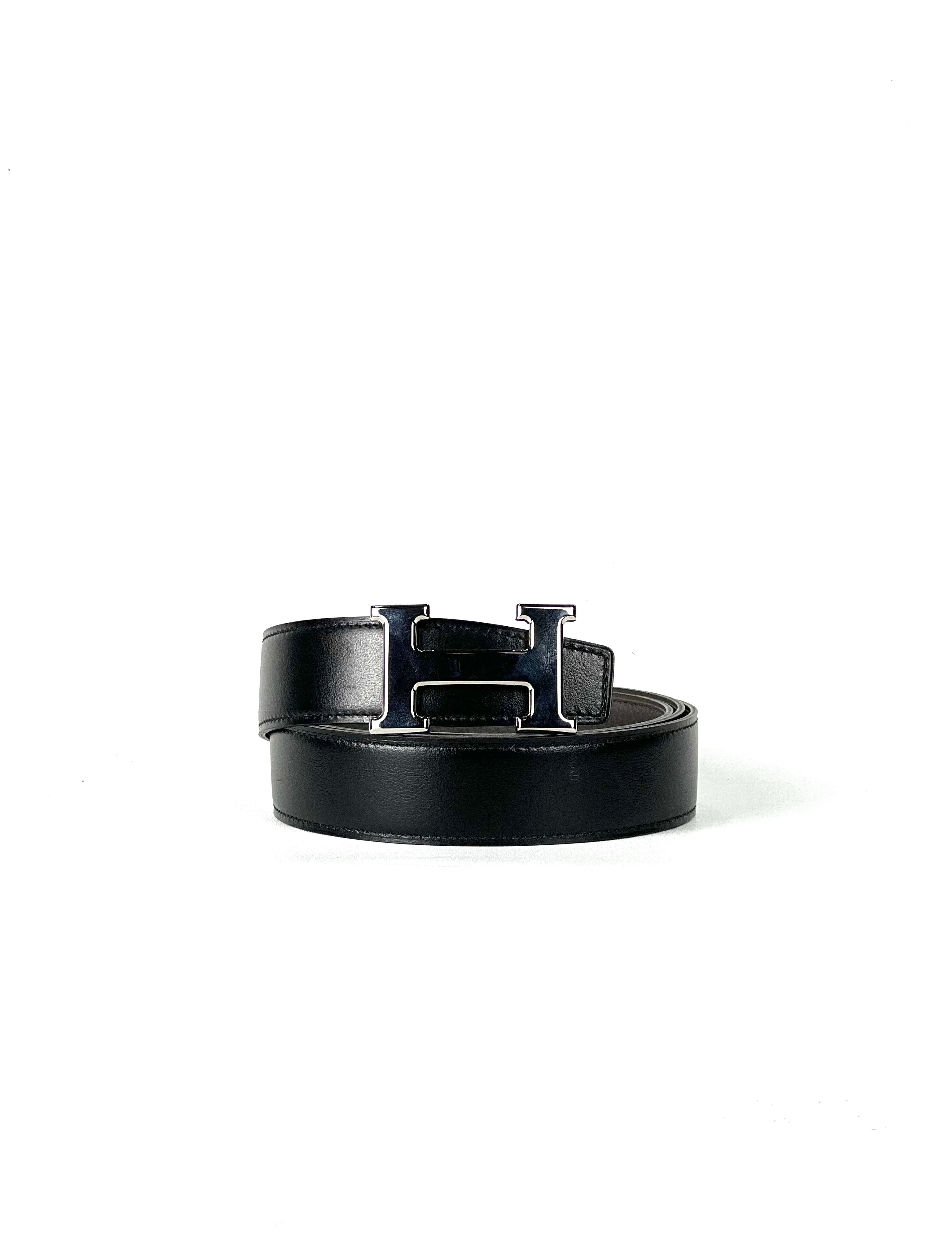 Hermès H Silver Buckle Black Grey Leather Reversible Belt