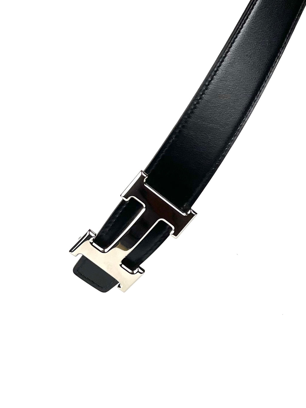 Hermès H Silver Buckle Black Grey Leather Reversible Belt