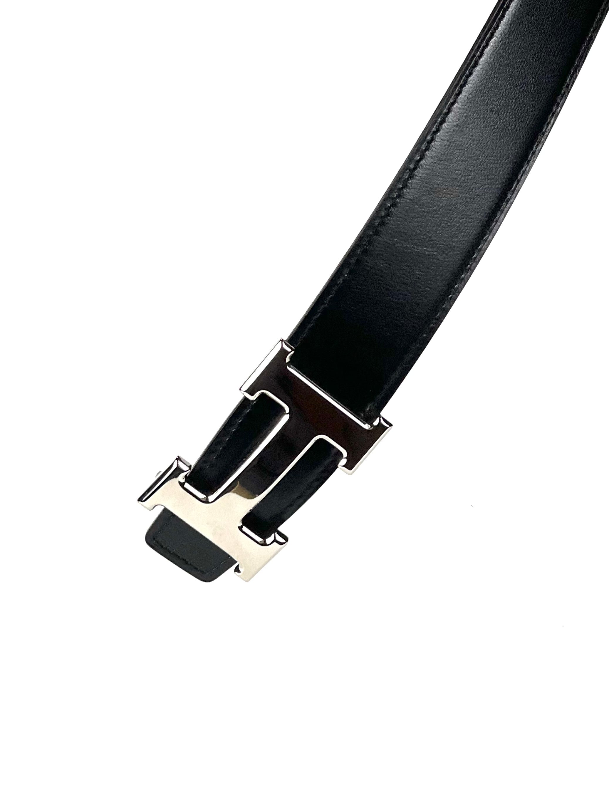 Hermès H Silver Buckle Black Grey Leather Reversible Belt