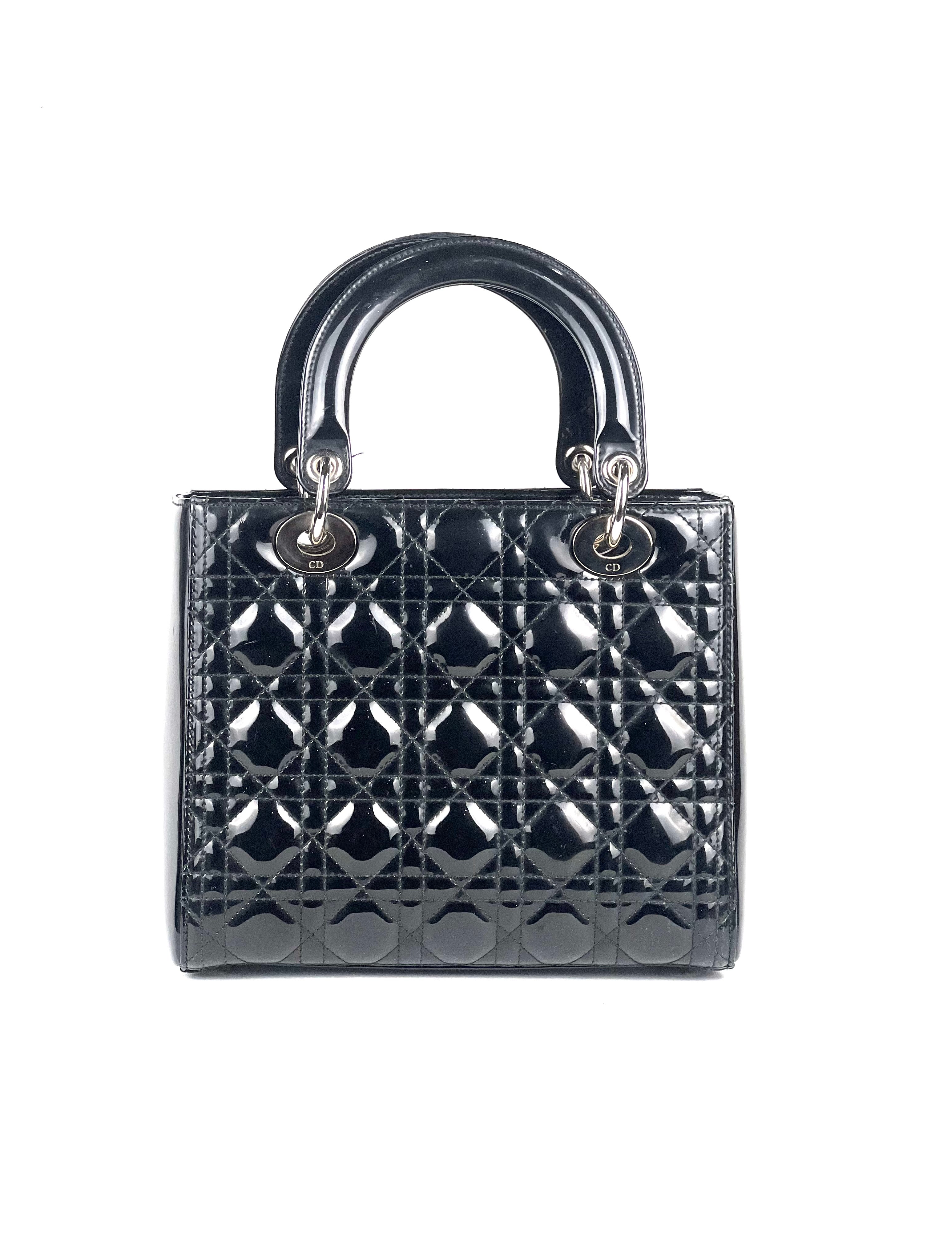 Christian Dior Lady Dior Medium Black Patent Shoulder Bag
