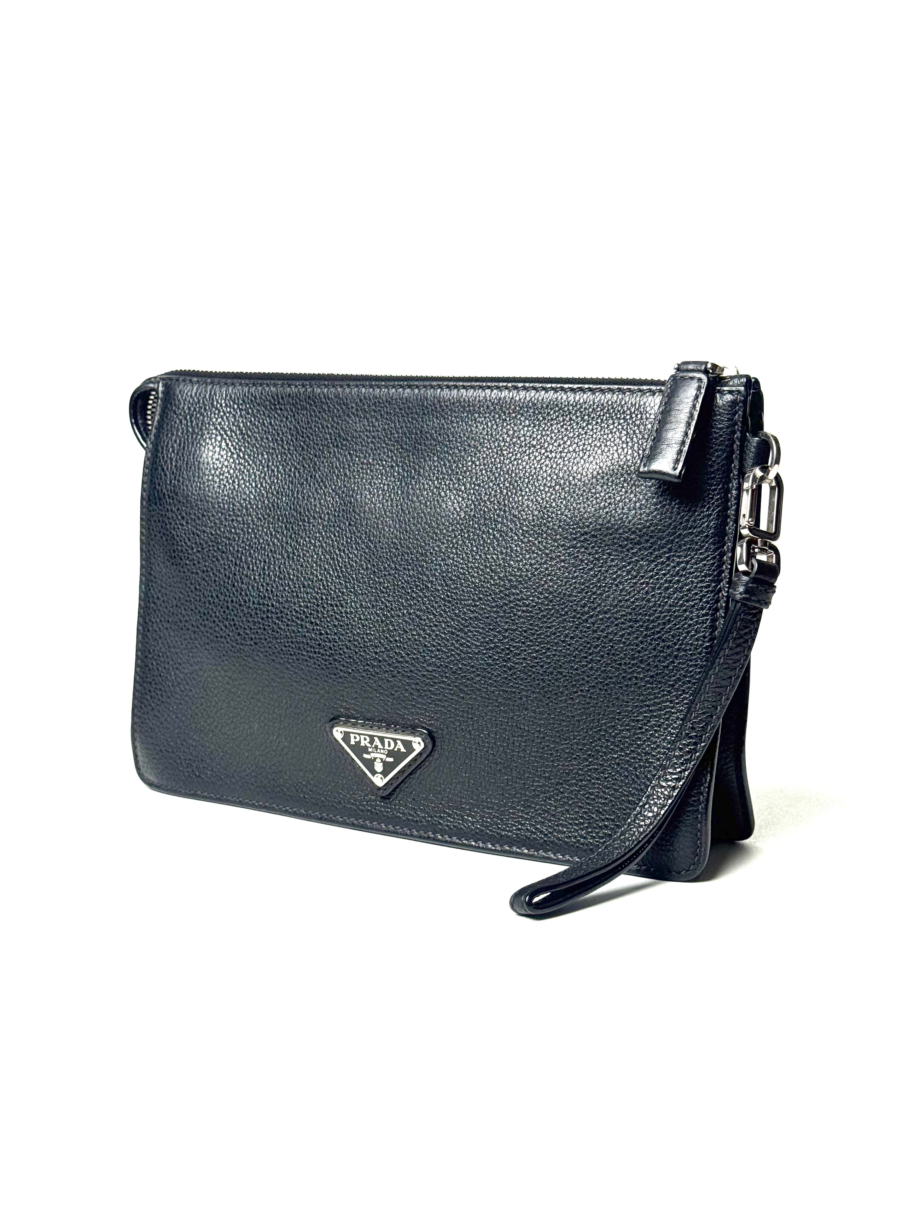 Prada Triangle Logo Grain Leather Standing Clutch