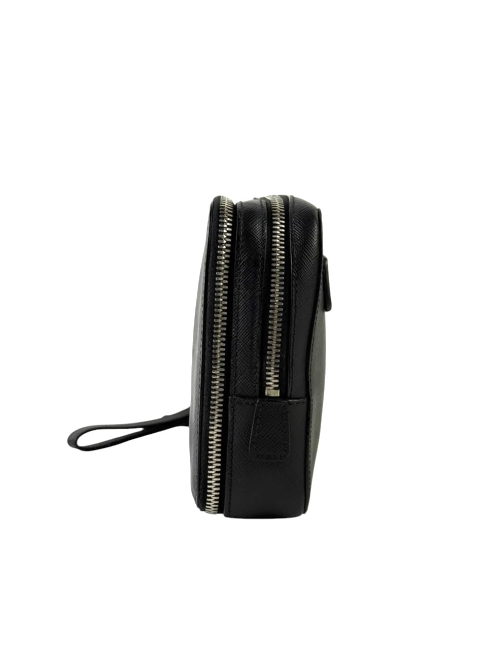 Prada Triangle Logo Saffiano Leather Black Double Zipper Clutch