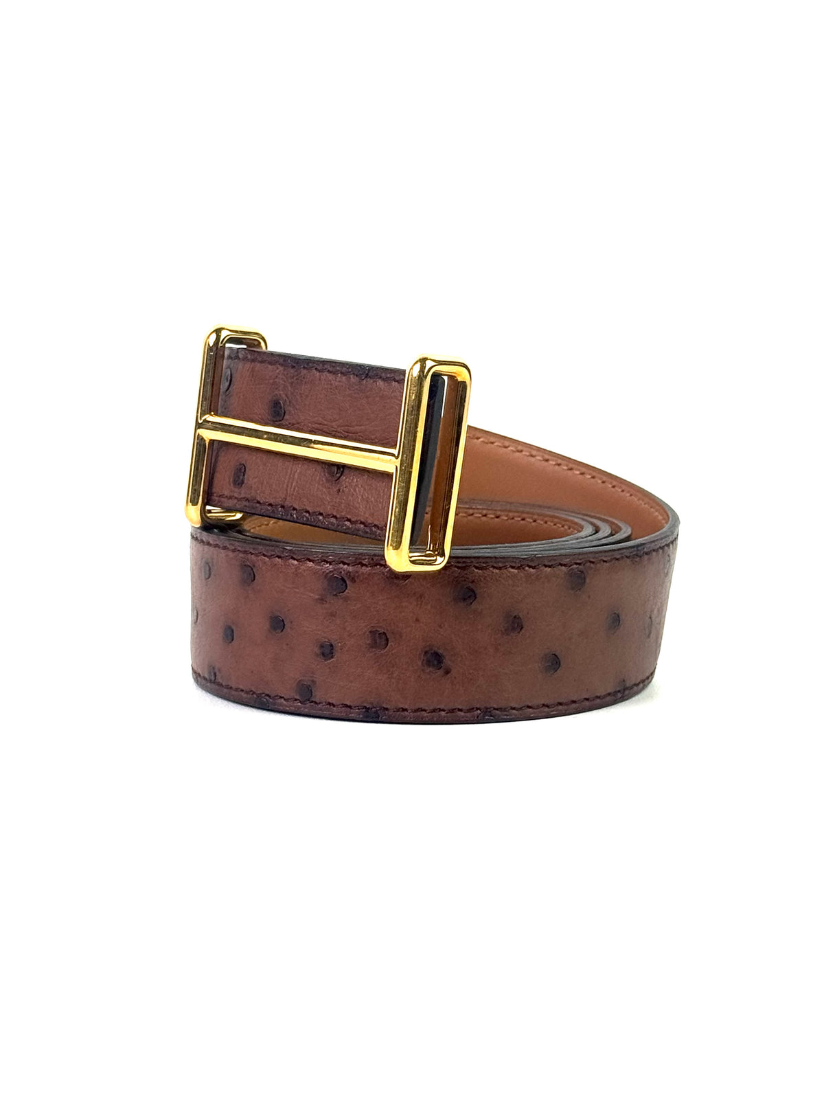 Hermès H Gold Buckle Brown Ostrich Leather Reversible Belt