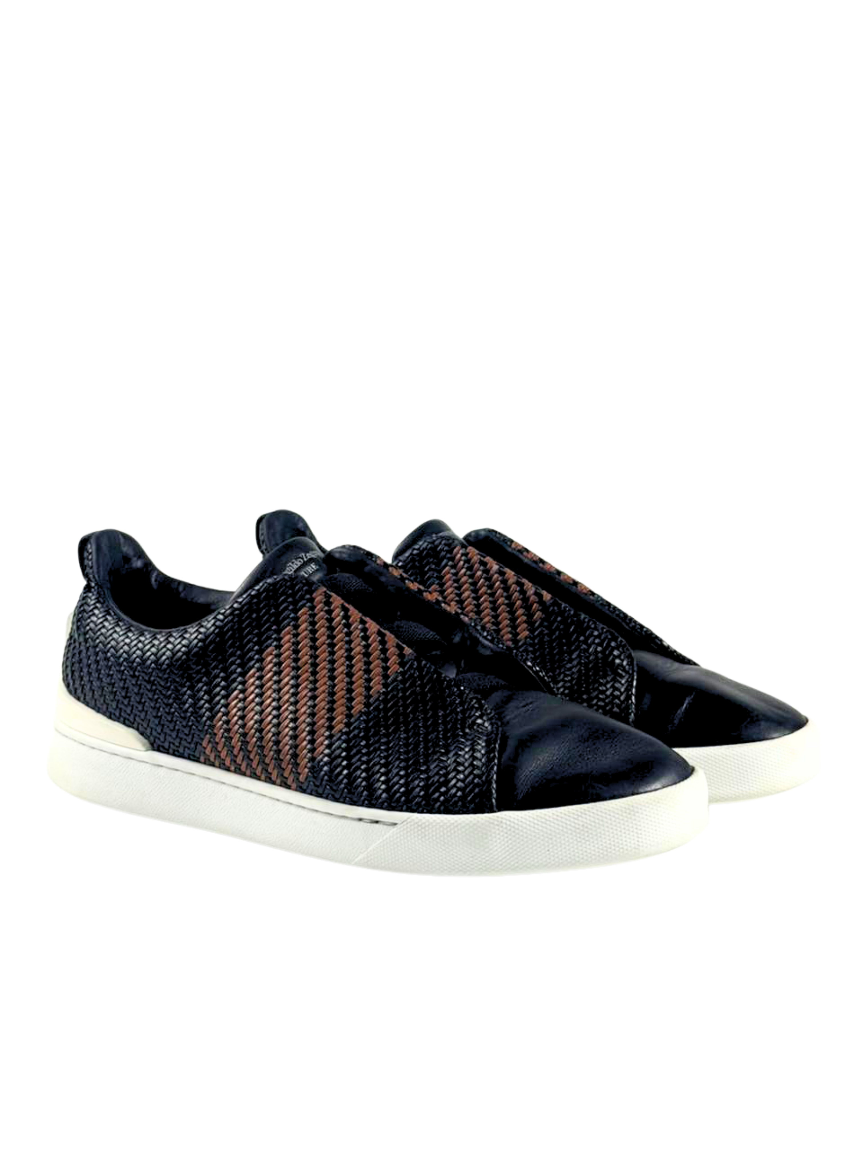 Zegna Triple Stitch Black & Brown Woven Pelletessuta Slip On