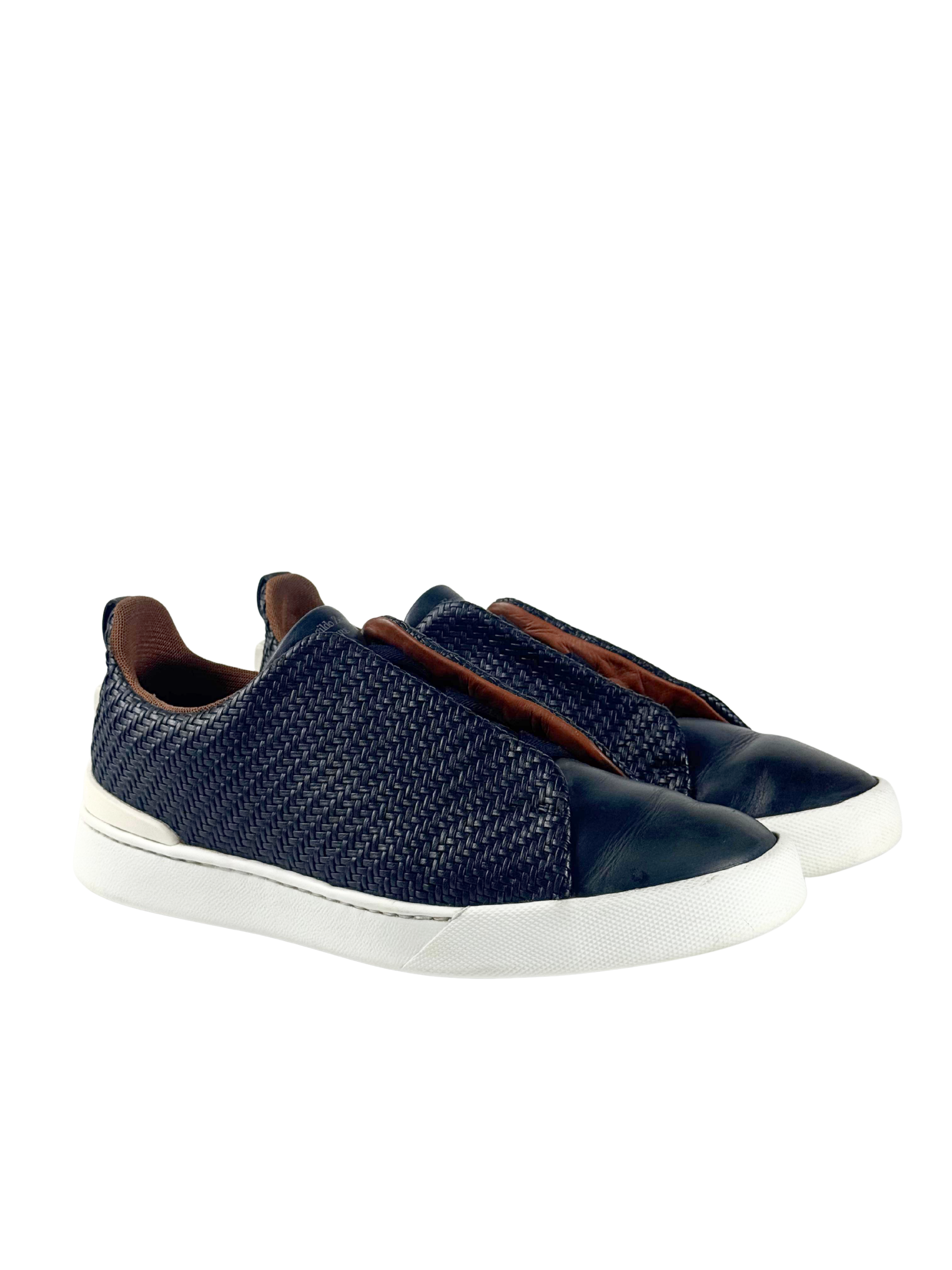 Zegna Triple Stitch Dark Blue Woven Pelletessuta Slip On