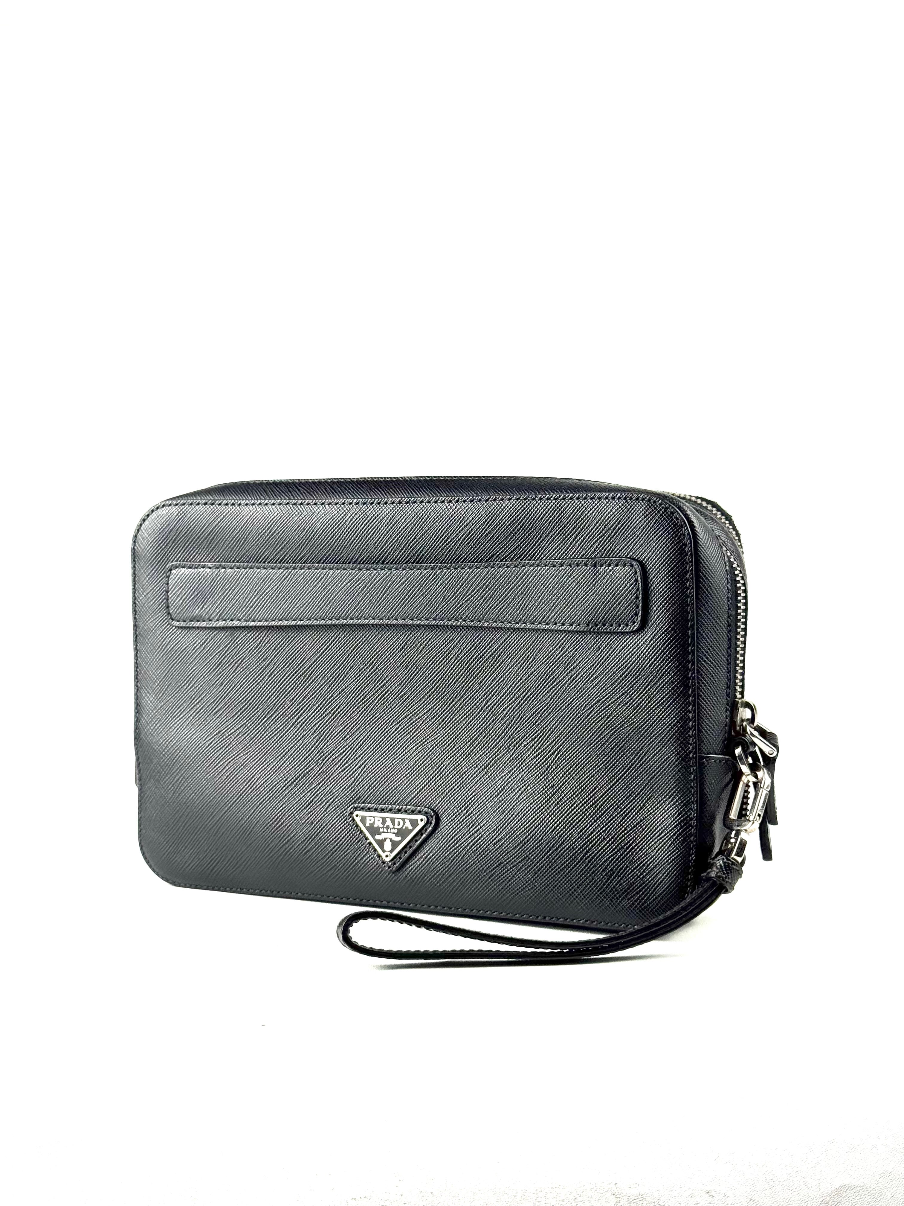 Prada Triangle Logo Saffiano Leather Double Zip Clutch