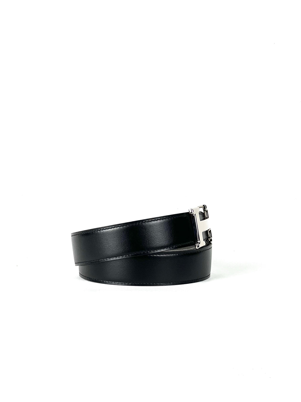 Hermès H Silver Buckle Black Grey Leather Reversible Belt