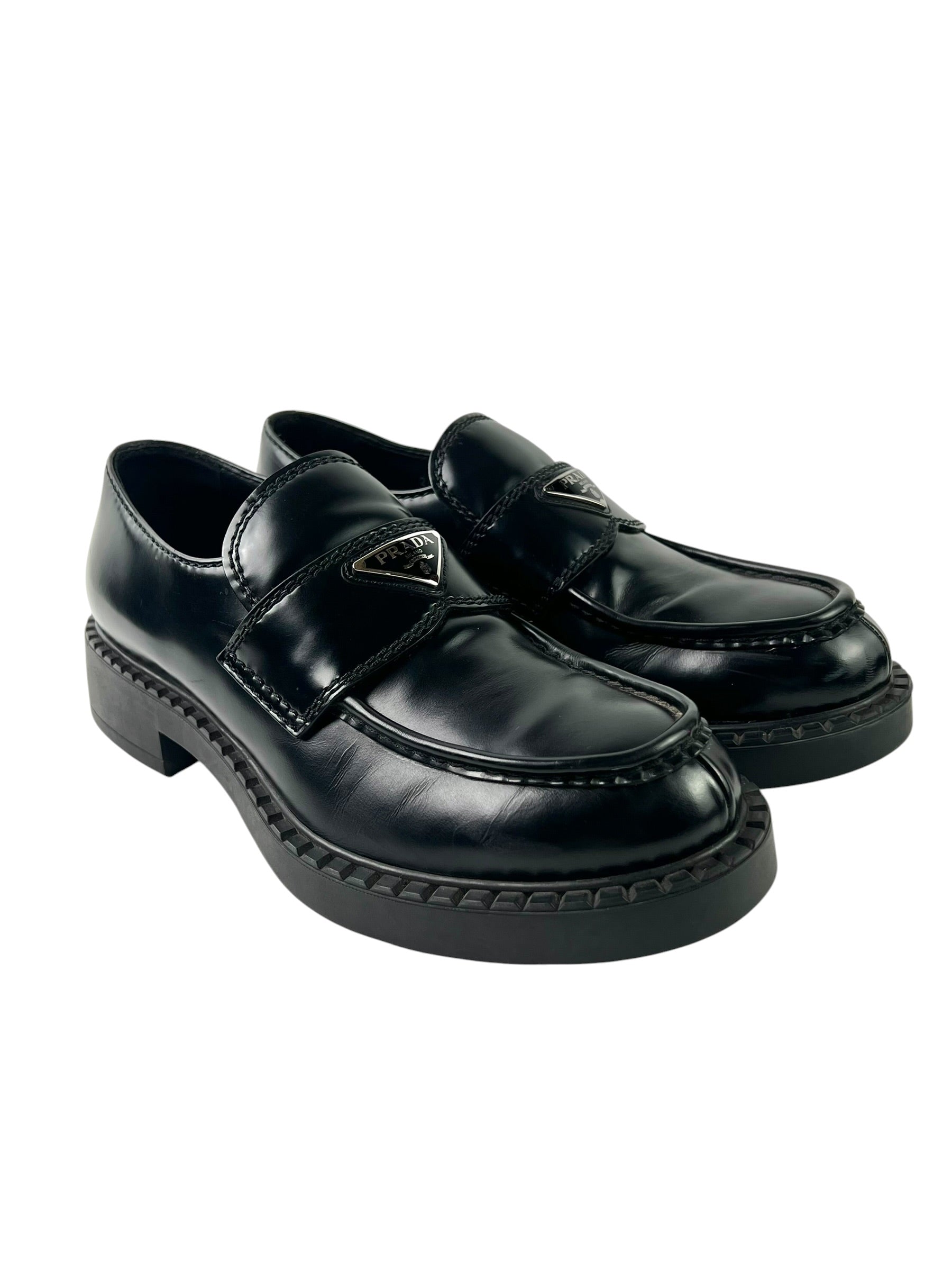 Prada Triangle Logo Chocolate Brushed Leather Loafers