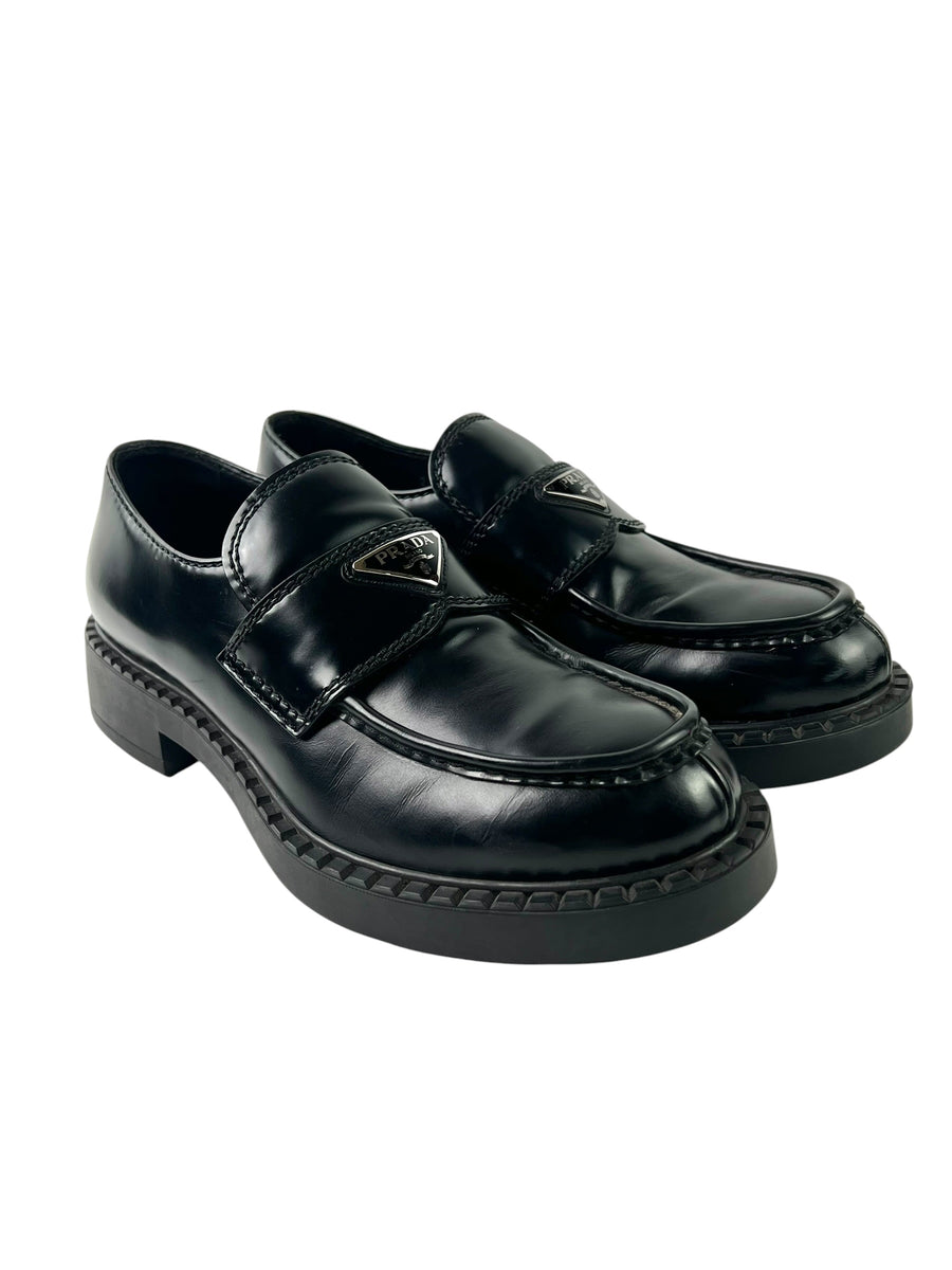 Prada Triangle Logo Chocolate Brushed Leather Loafers