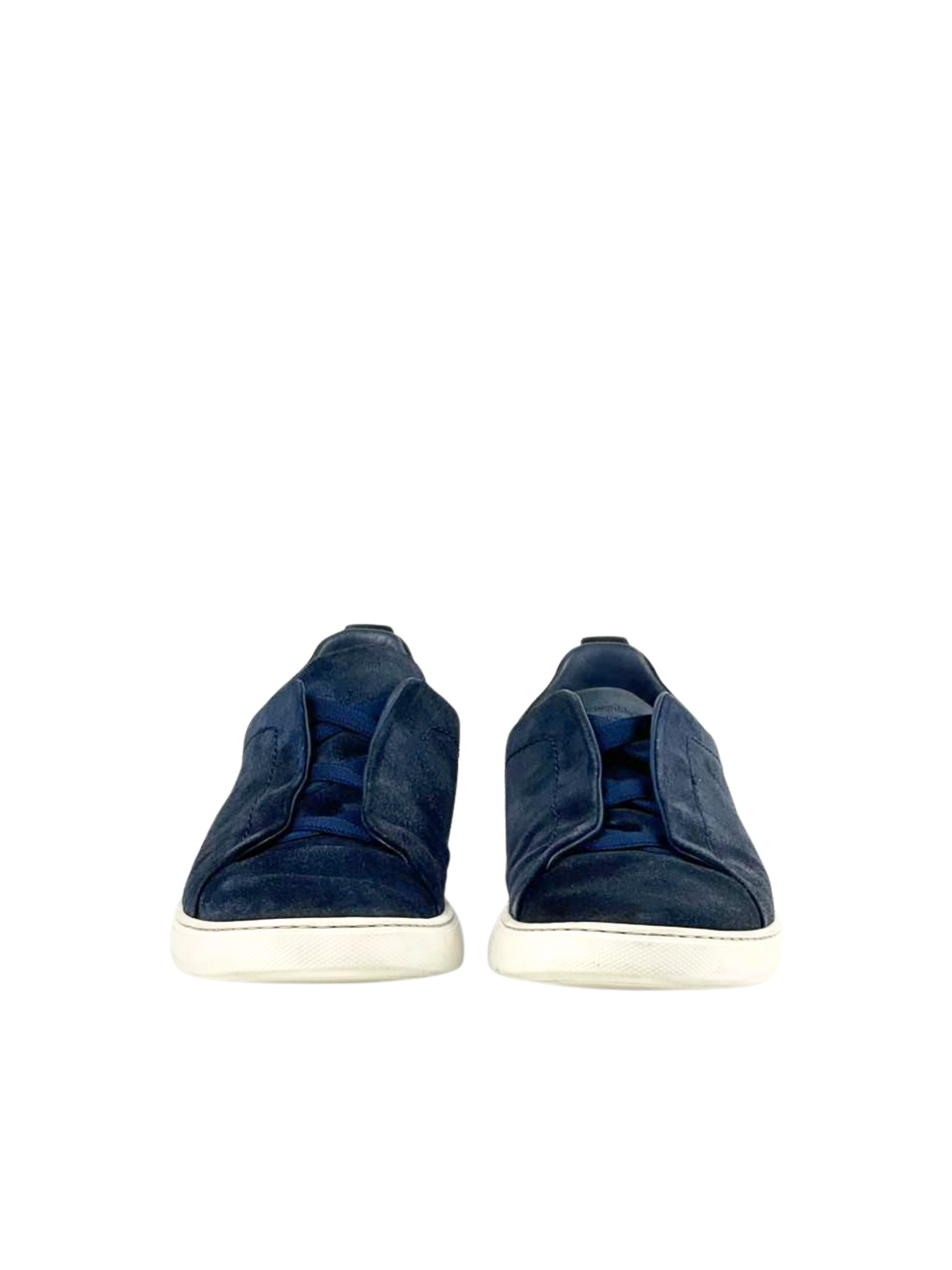 Zegna Triple Stitch Suede Navy Slip On