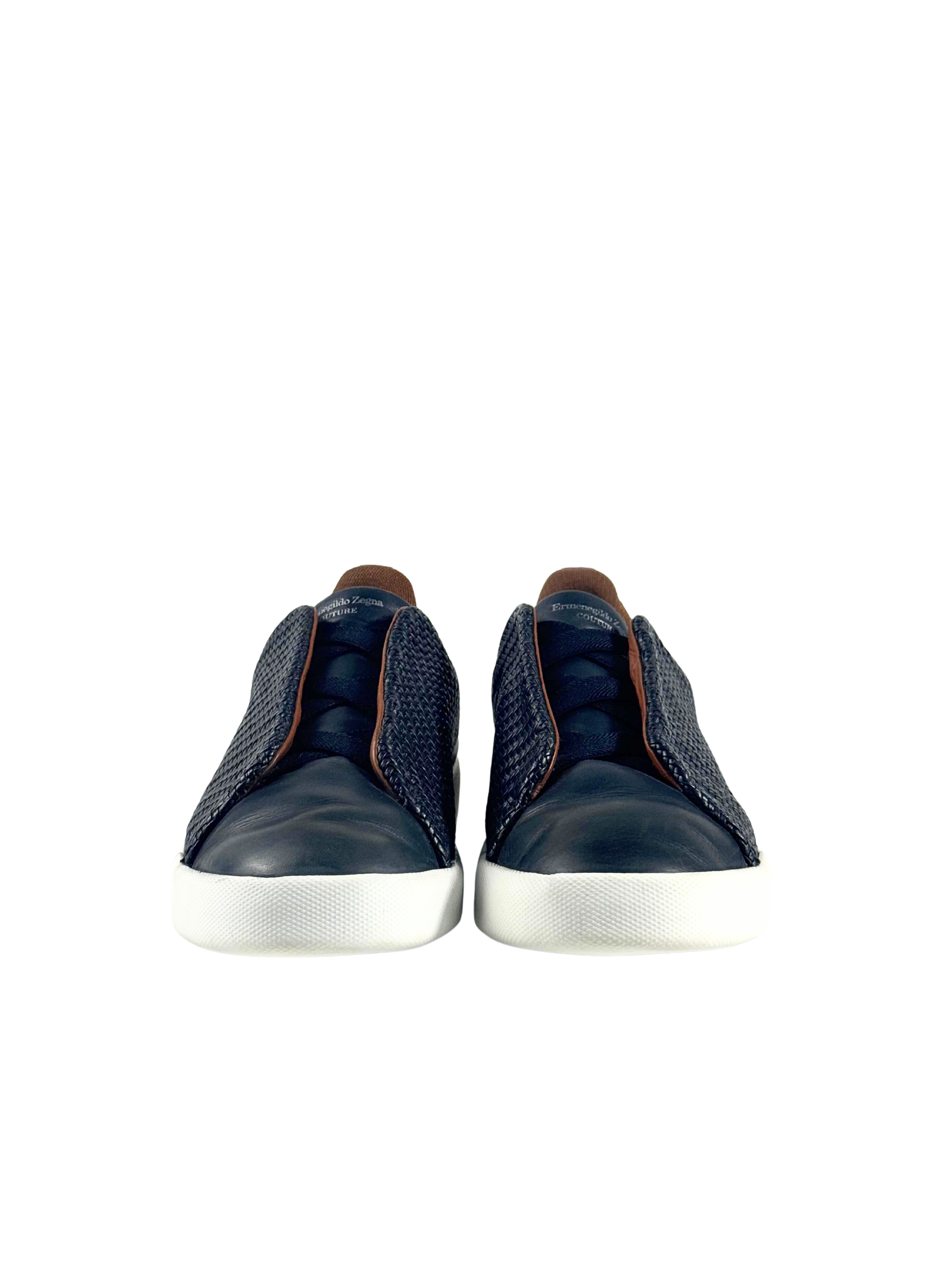 Zegna Triple Stitch Dark Blue Woven Pelletessuta Slip On