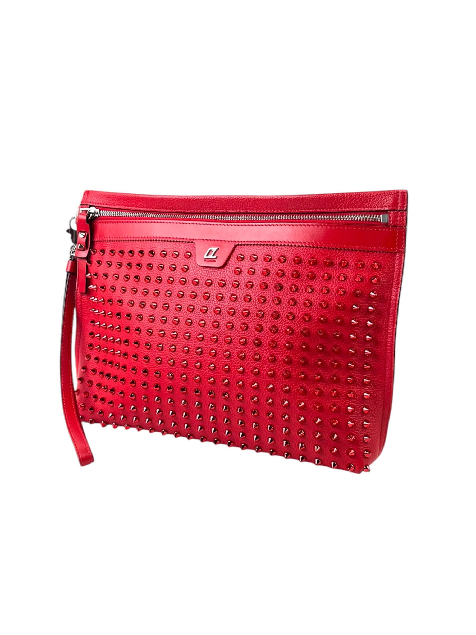 Christian Louboutin City Pouch Red Spike Grain Leather Clutch