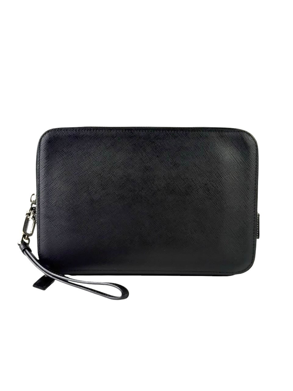 Prada Triangle Logo Saffiano Leather Black Double Zipper Clutch