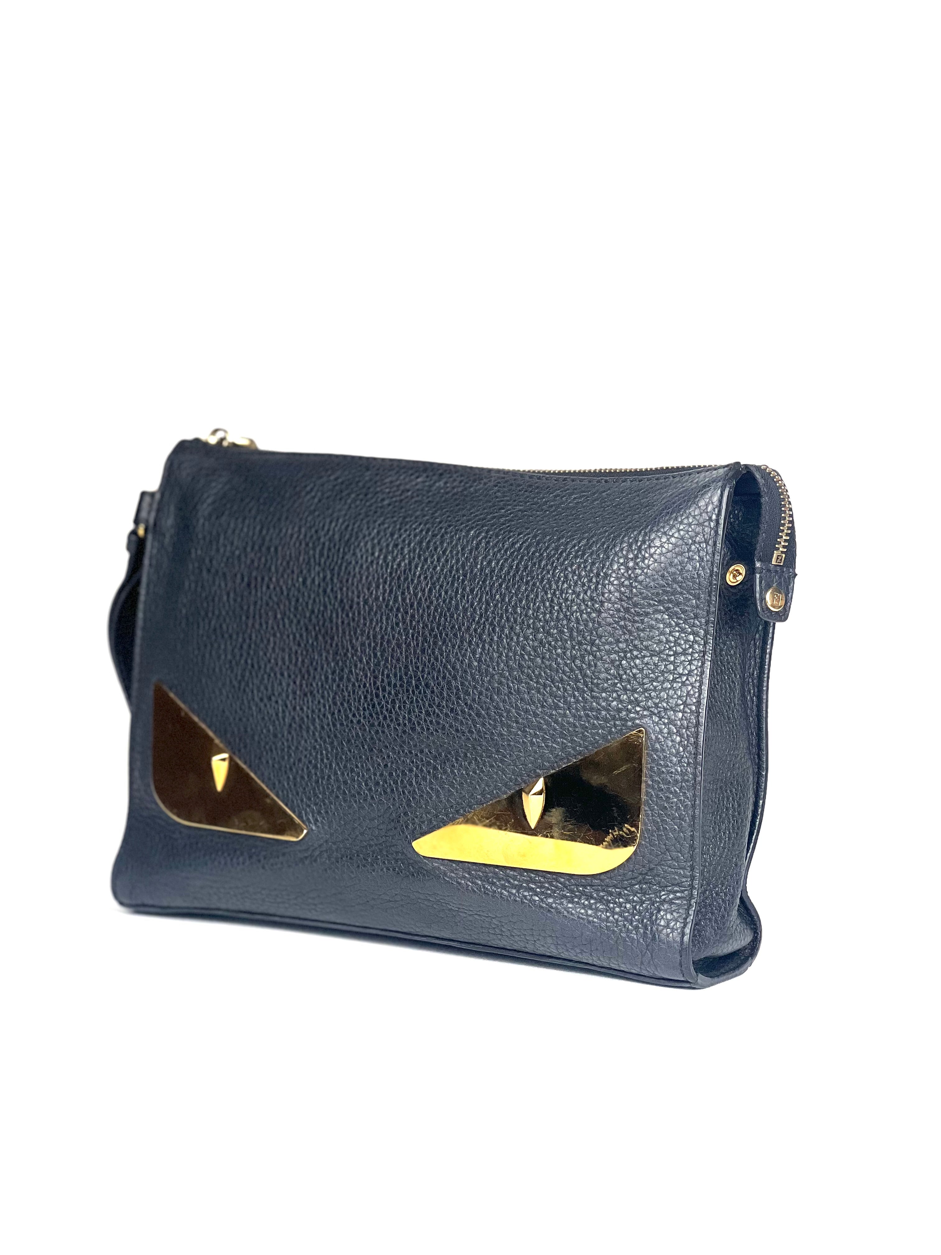 Fendi Gold Monster Eye Grain Leather Clutch