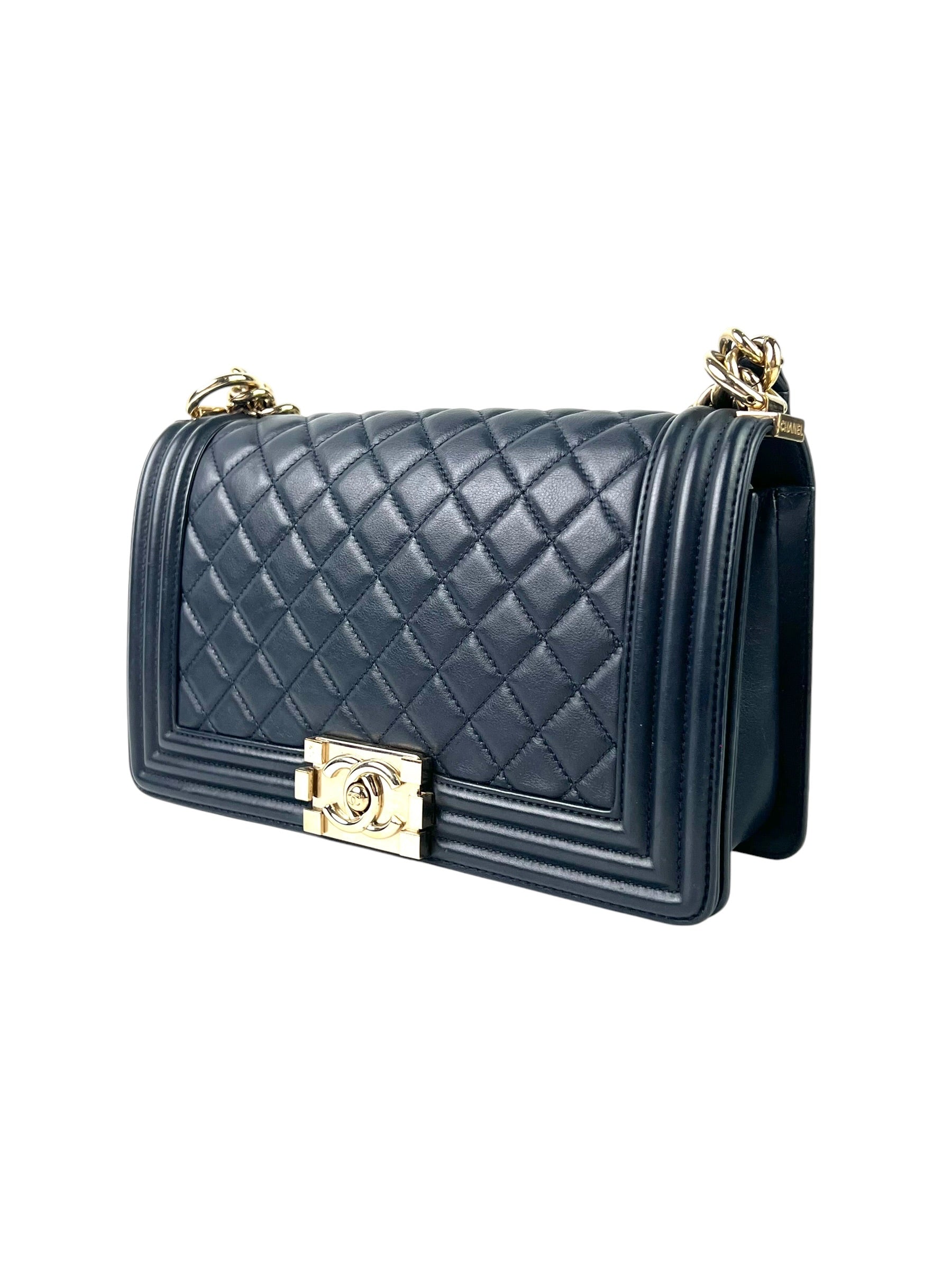 Chanel Boy Lambskin Navy GHW Medium Shoulder Bag