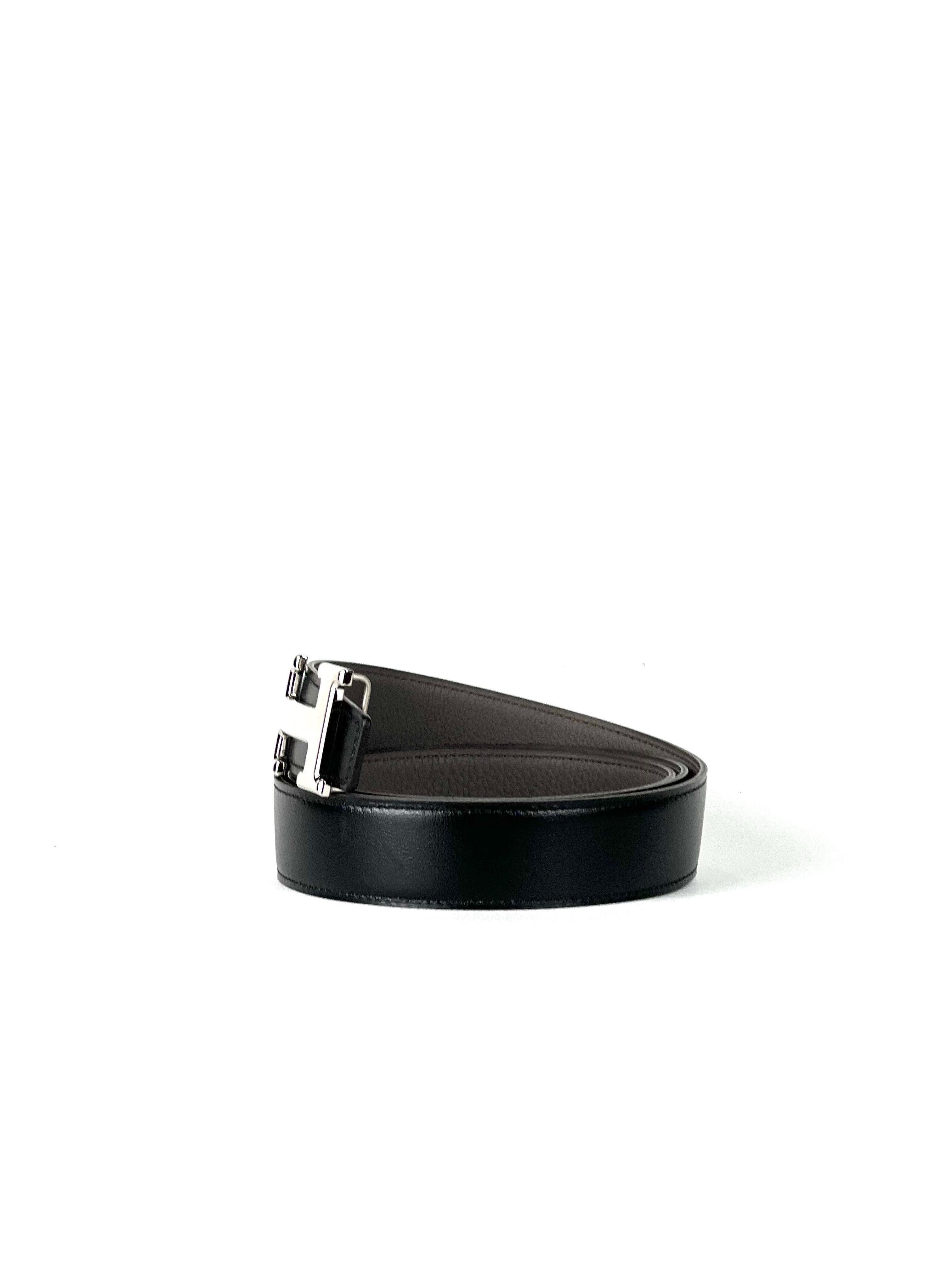 Hermès H Silver Buckle Black Grey Leather Reversible Belt