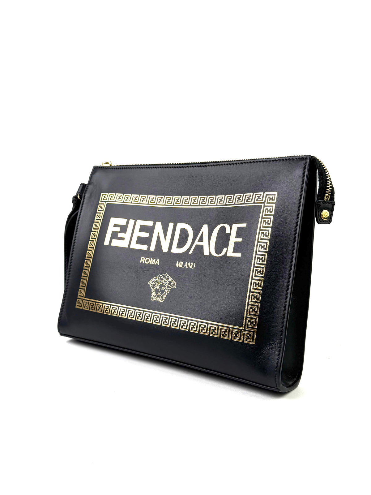 Fendi x Versace Leather Logo Black Clutch