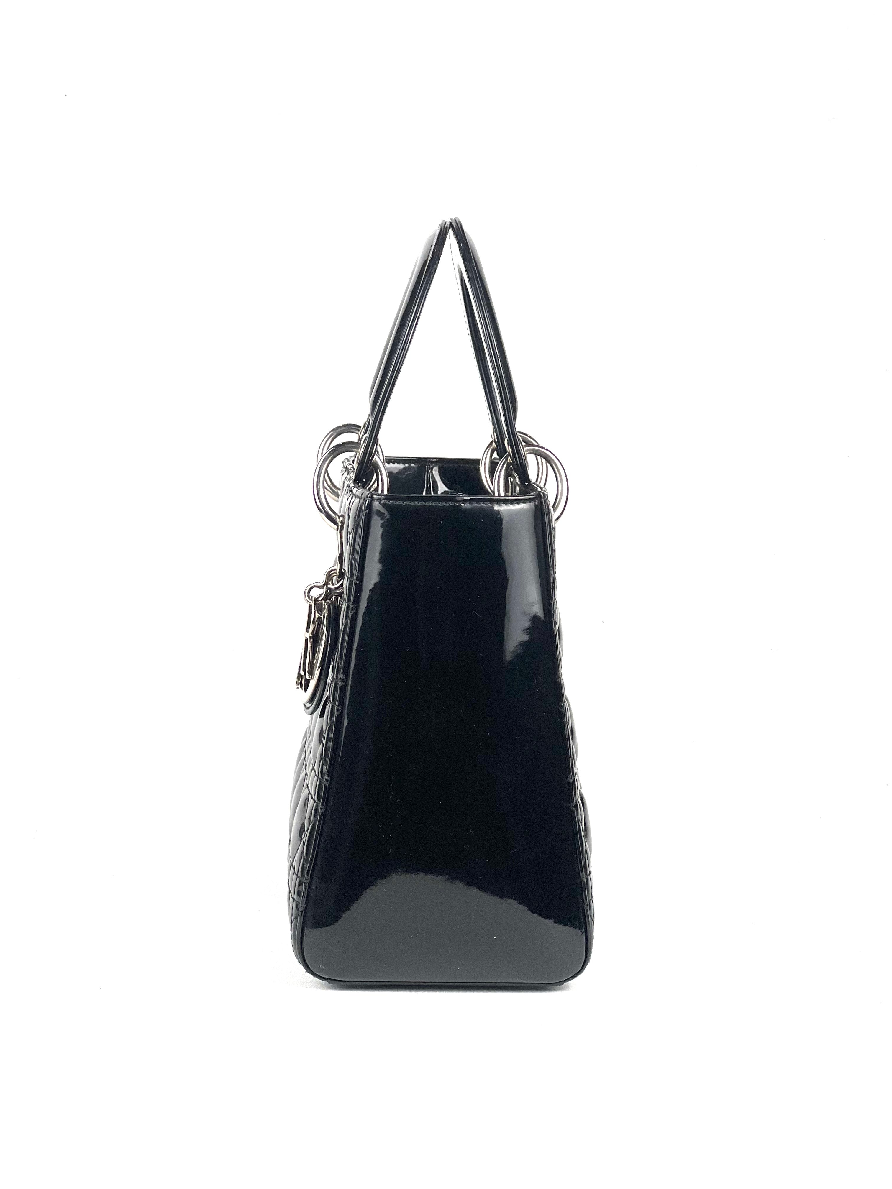 Christian Dior Lady Dior Medium Black Patent Shoulder Bag