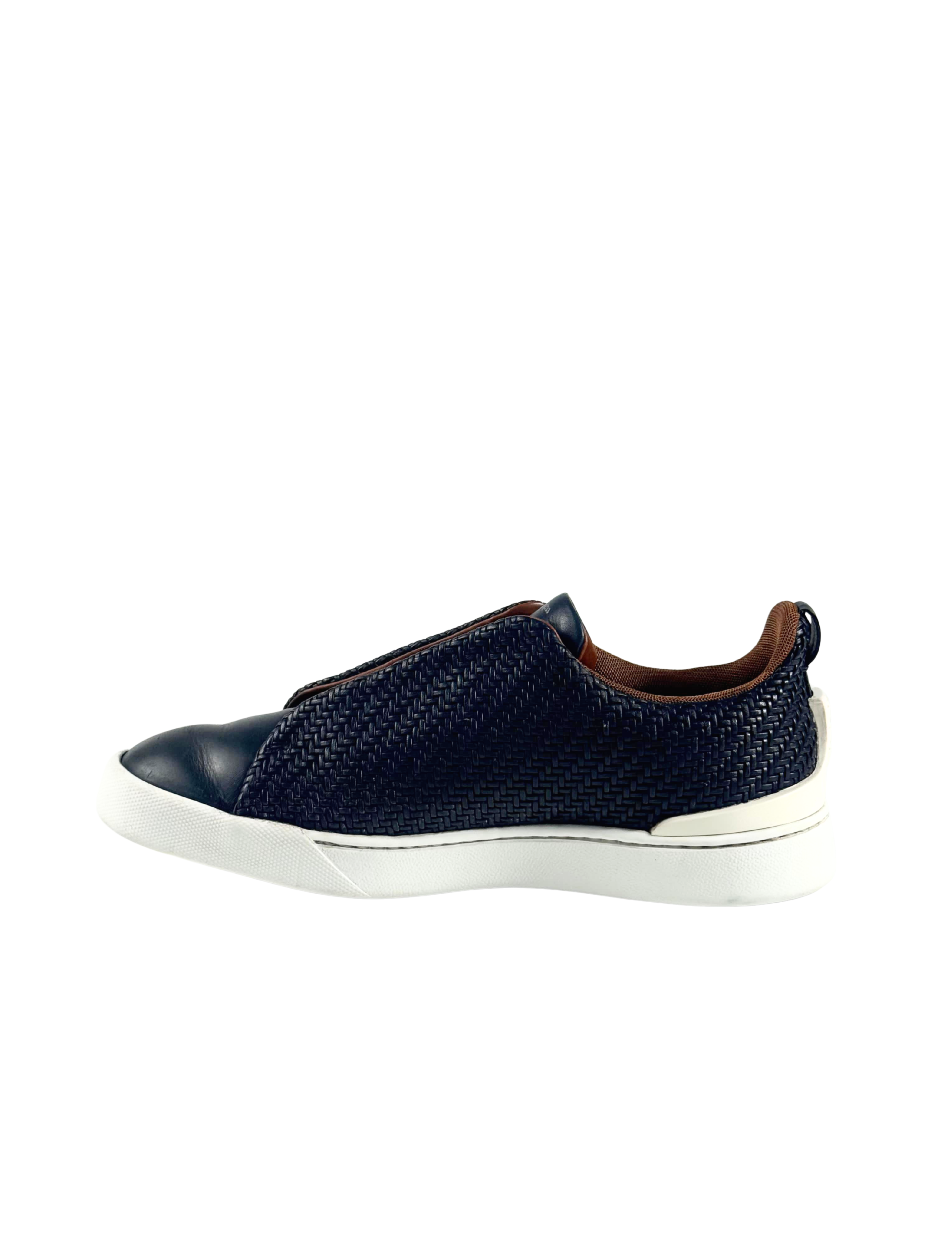 Zegna Triple Stitch Dark Blue Woven Pelletessuta Slip On