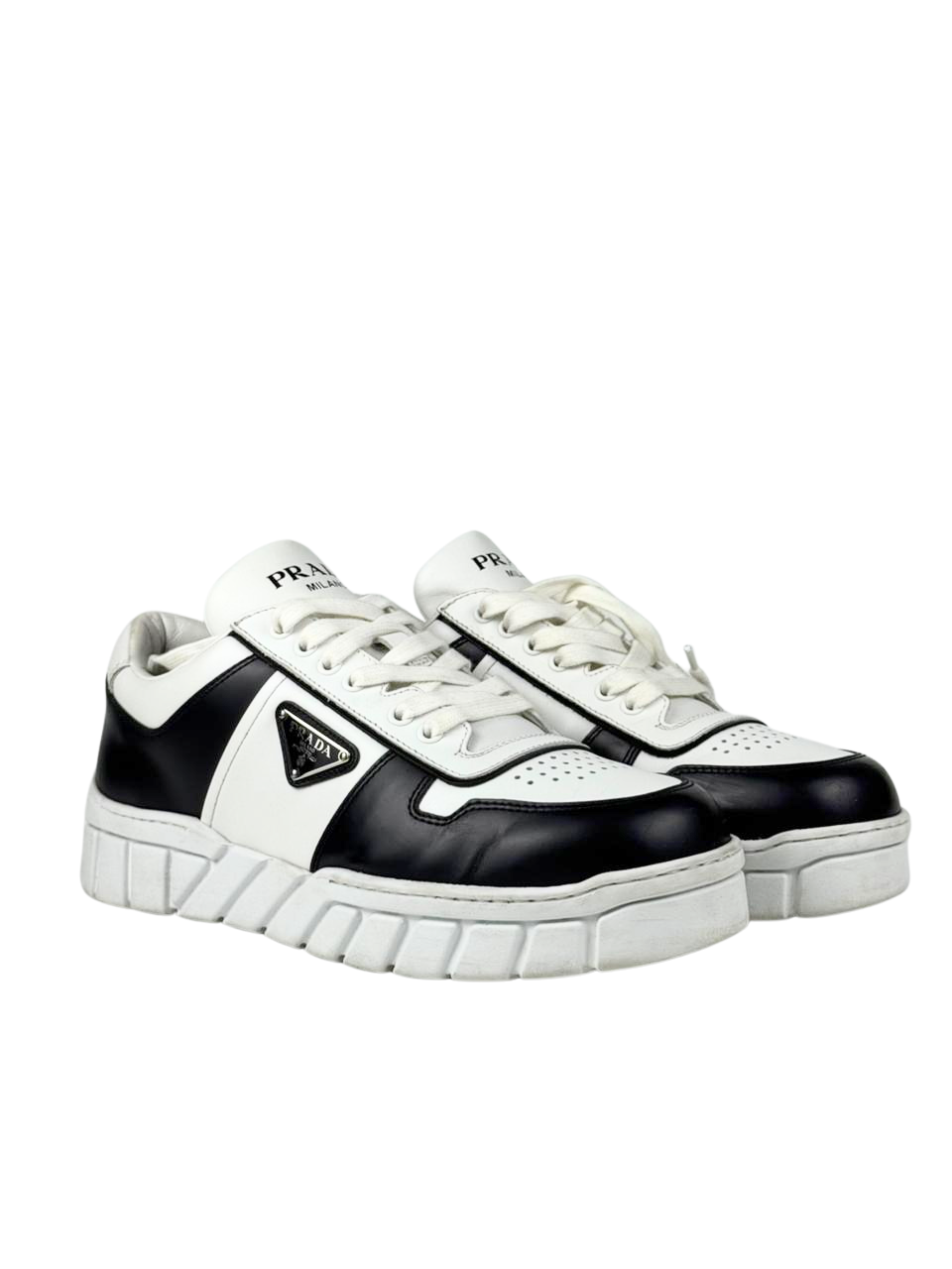 Prada Voluminous Leather Triangle Logo Black & White Sneakers
