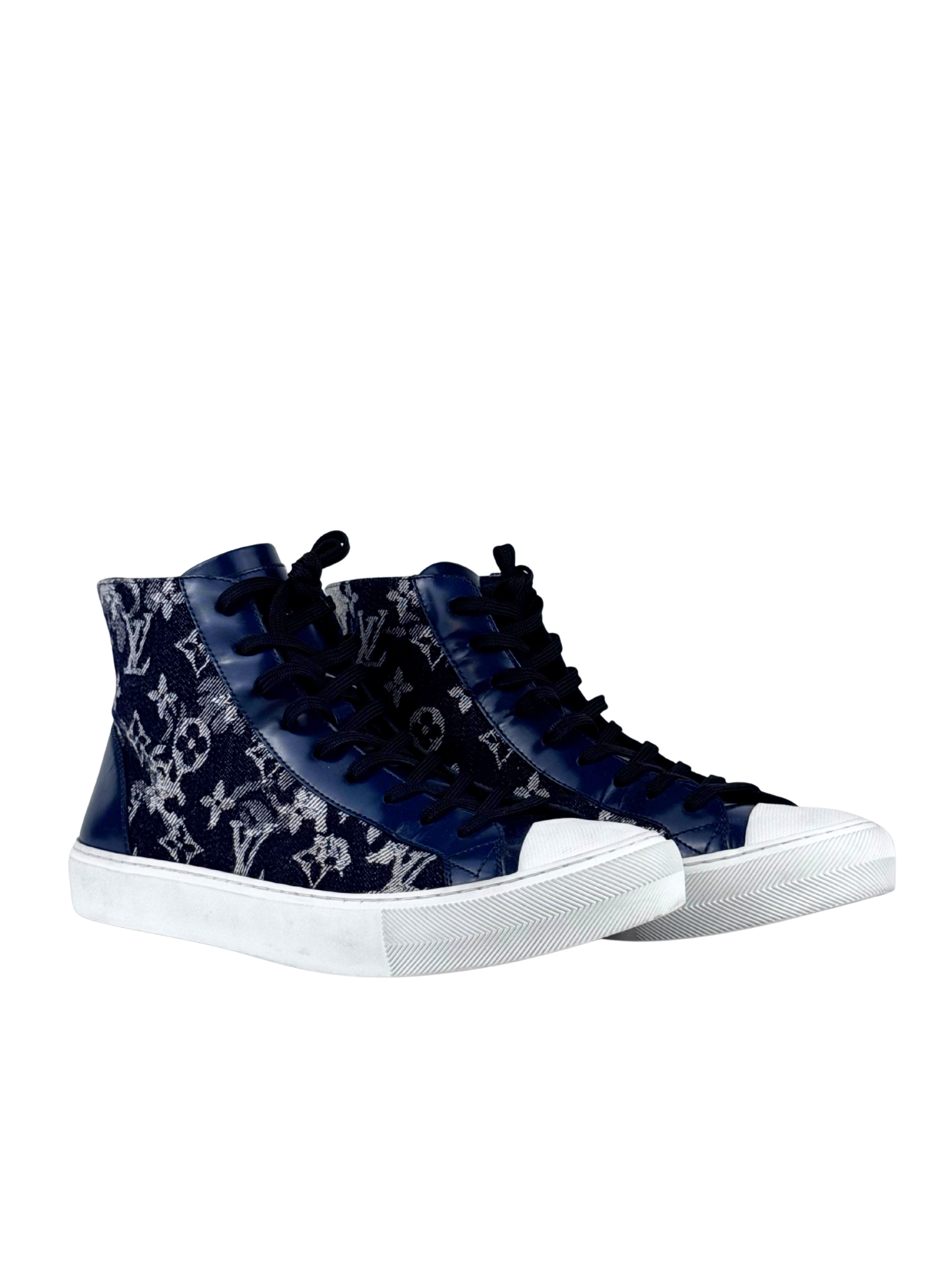 Louis Vuitton Tapestry Denim Monogram High Top Sneakers