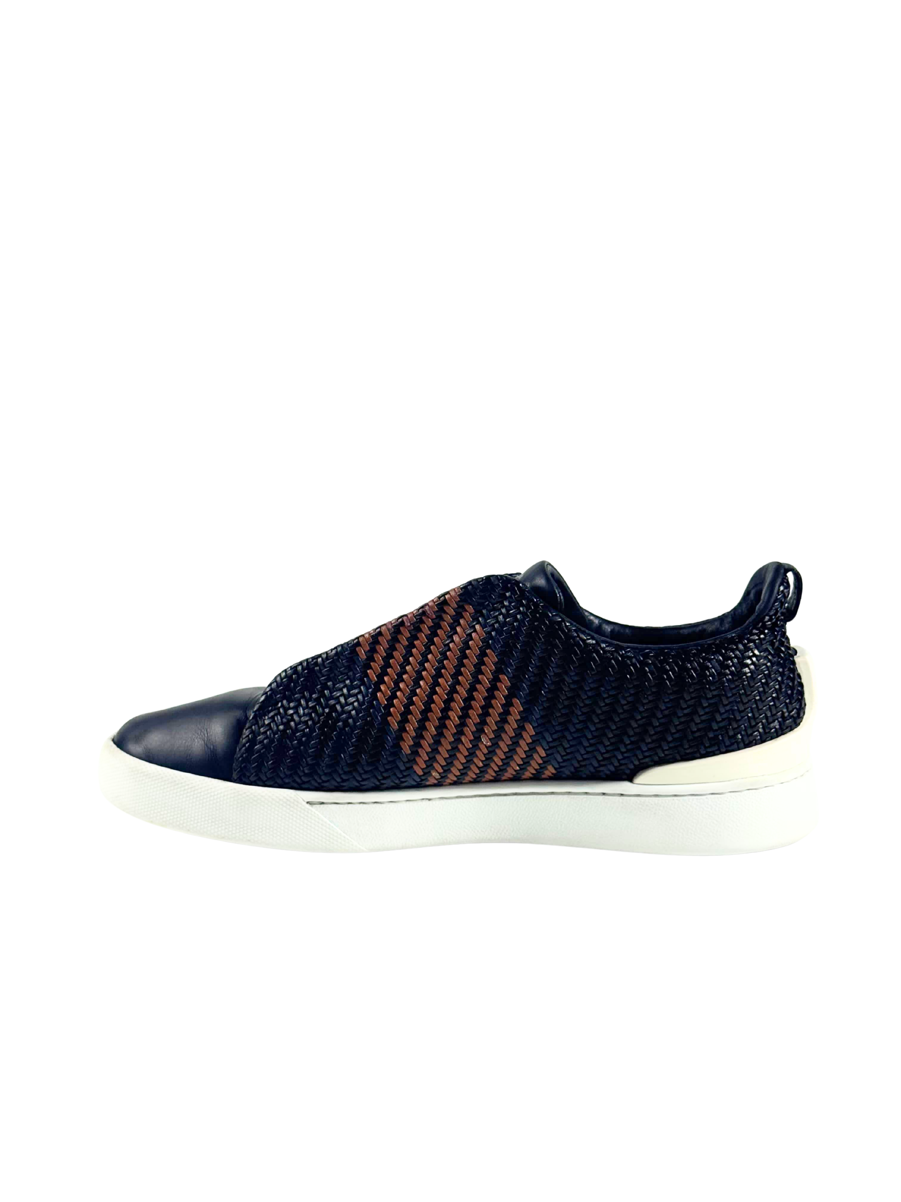 Zegna Triple Stitch Black & Brown Woven Pelletessuta Slip On