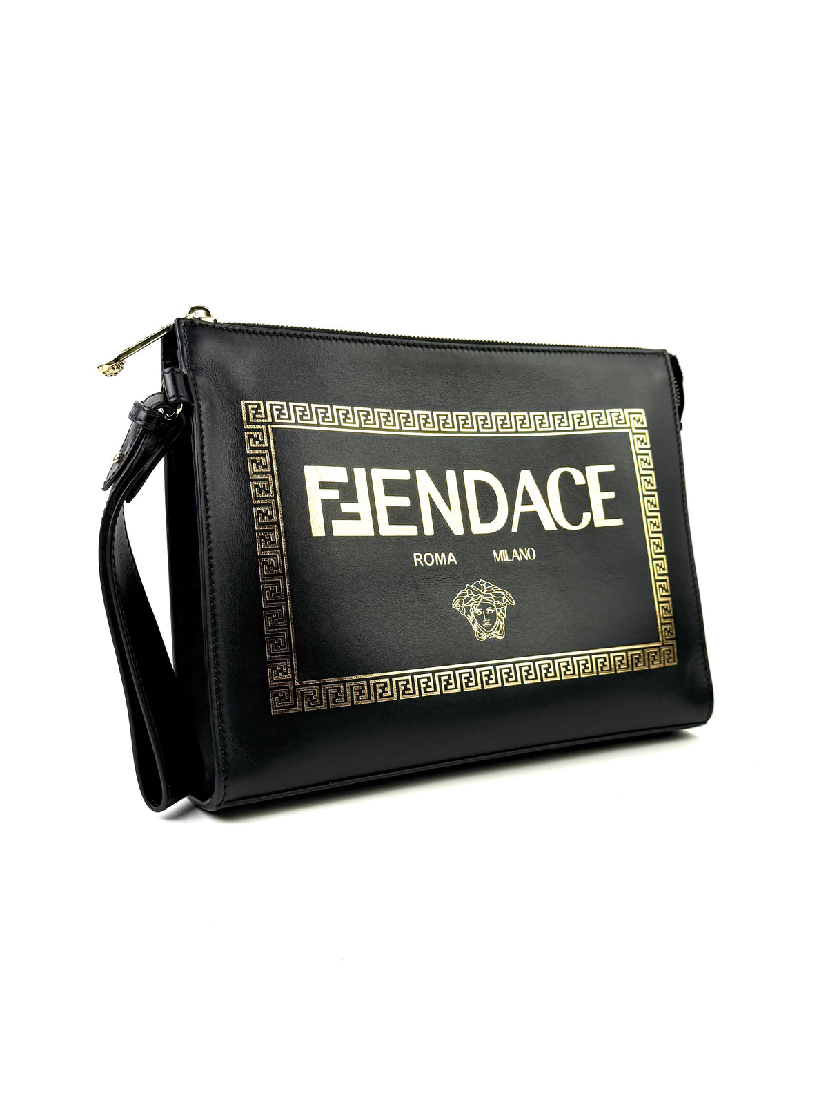 Fendi x Versace Leather Logo Black Clutch