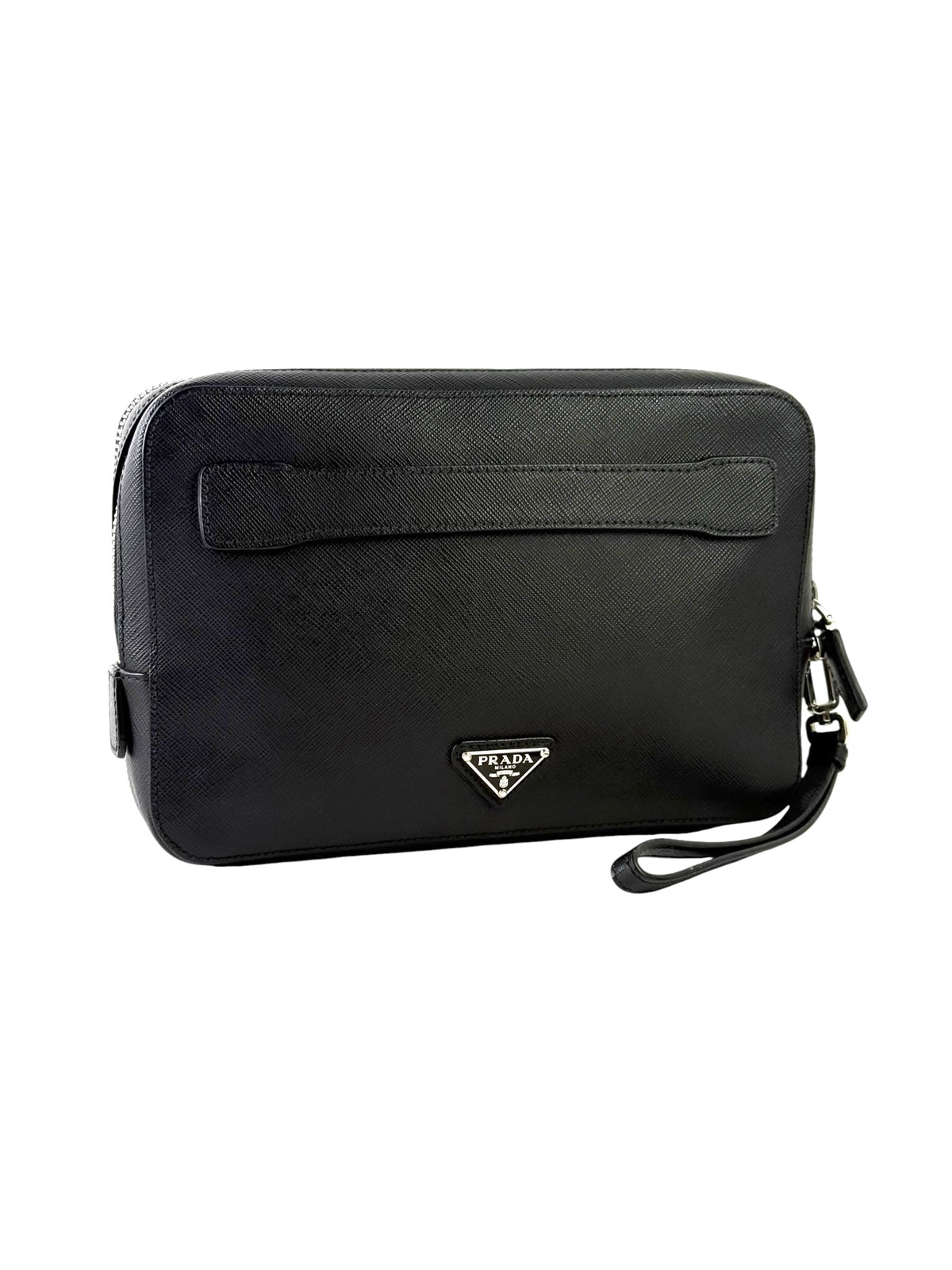 Prada Triangle Logo Saffiano Leather Black Double Zipper Clutch
