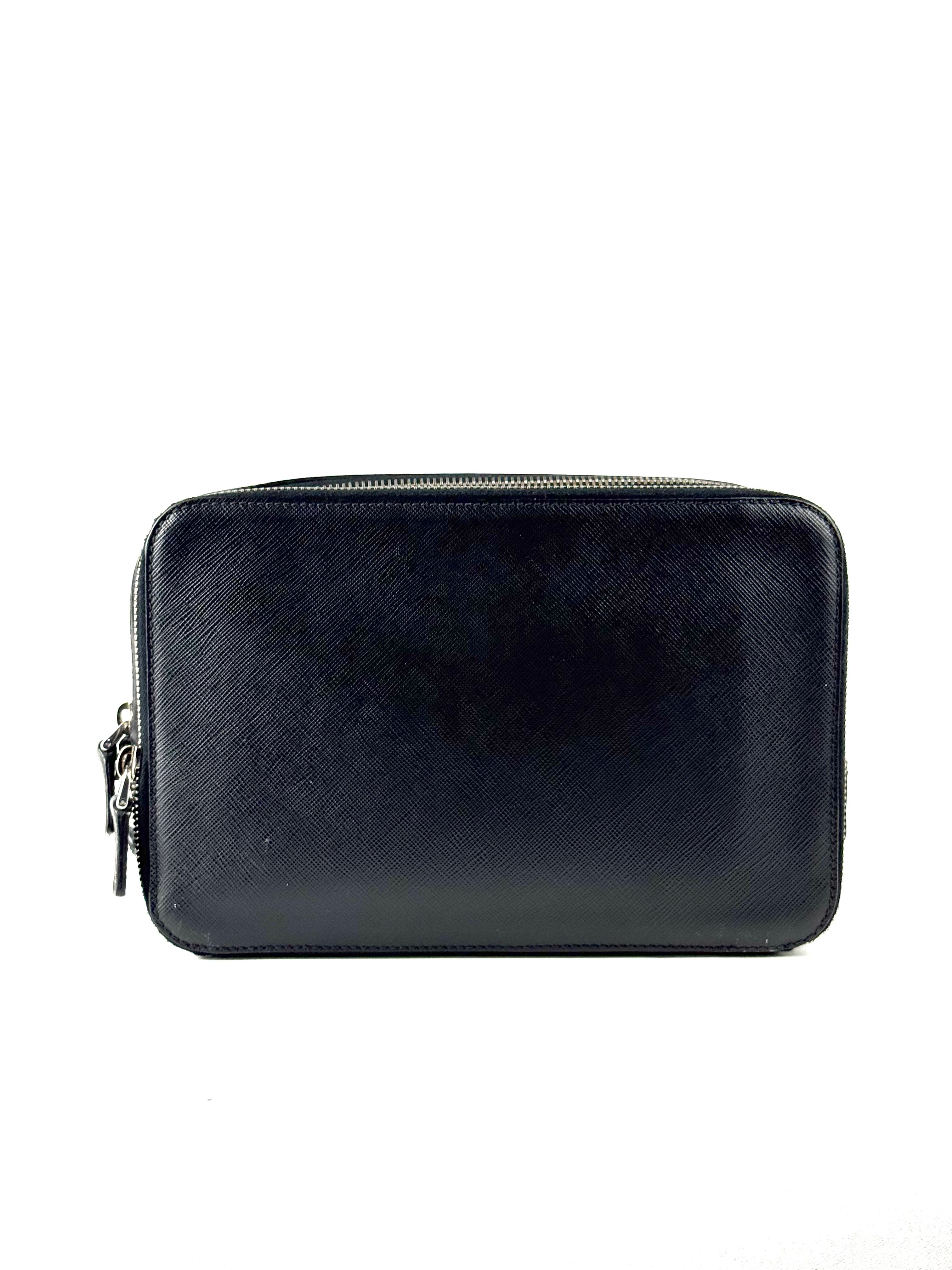 Prada Triangle Logo Saffiano Leather Double Zip Clutch