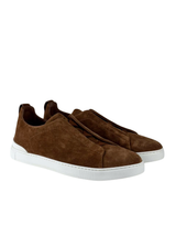 Zegna Triple Stitch Brown Suede Slip On 1
