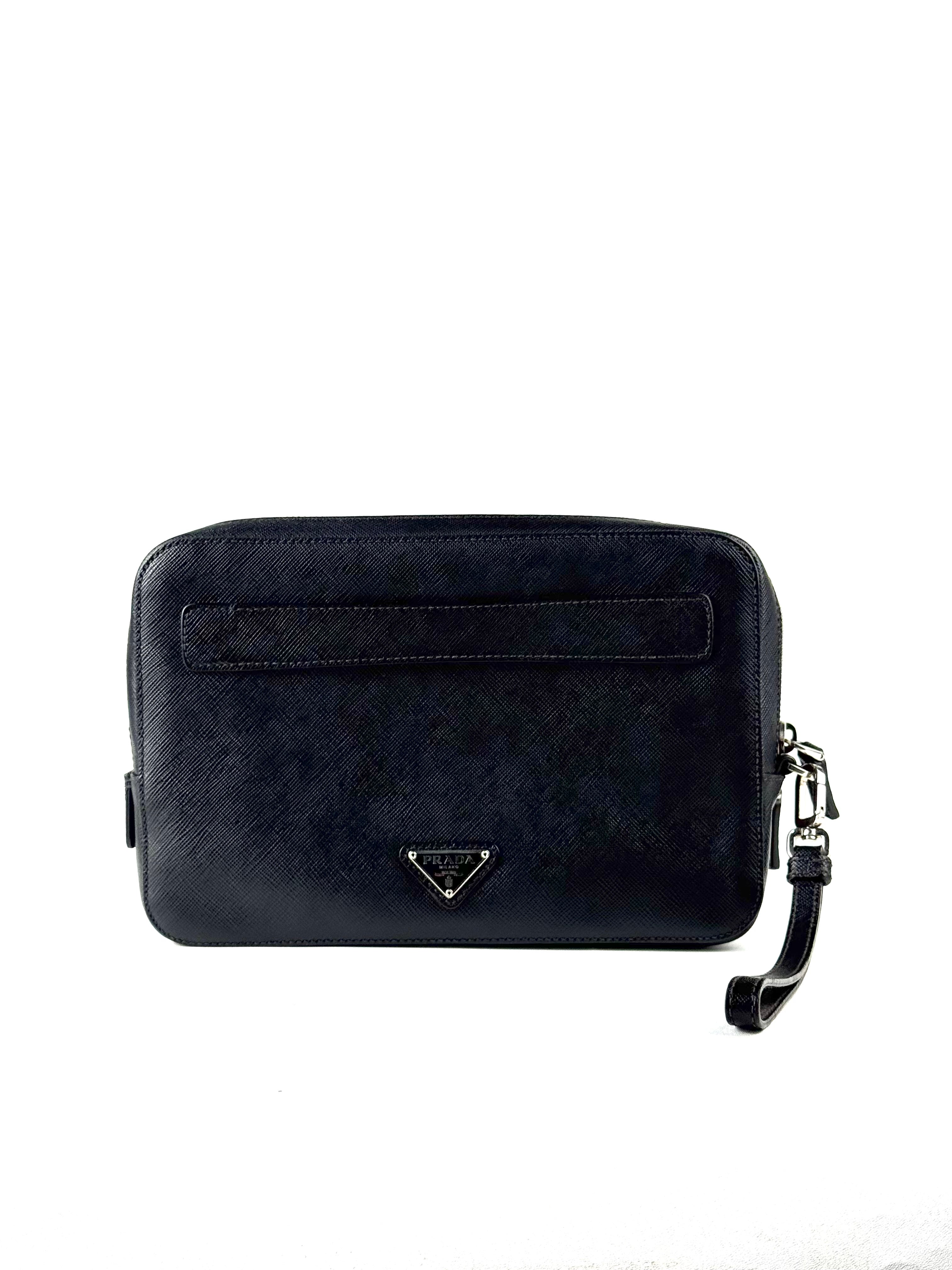 Prada Triangle Logo Saffiano Leather Double Zip Clutch