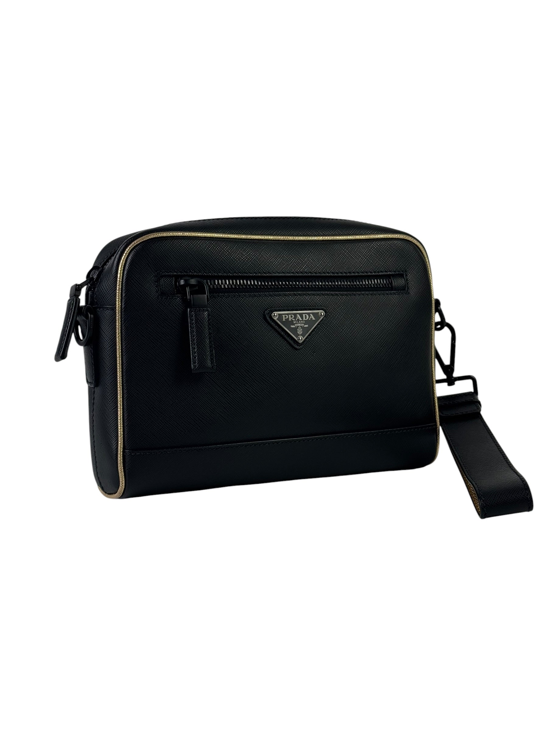 Prada Triangle Logo Saffiano Leather Wristlet 2-Way Clutch & Messenger Bag