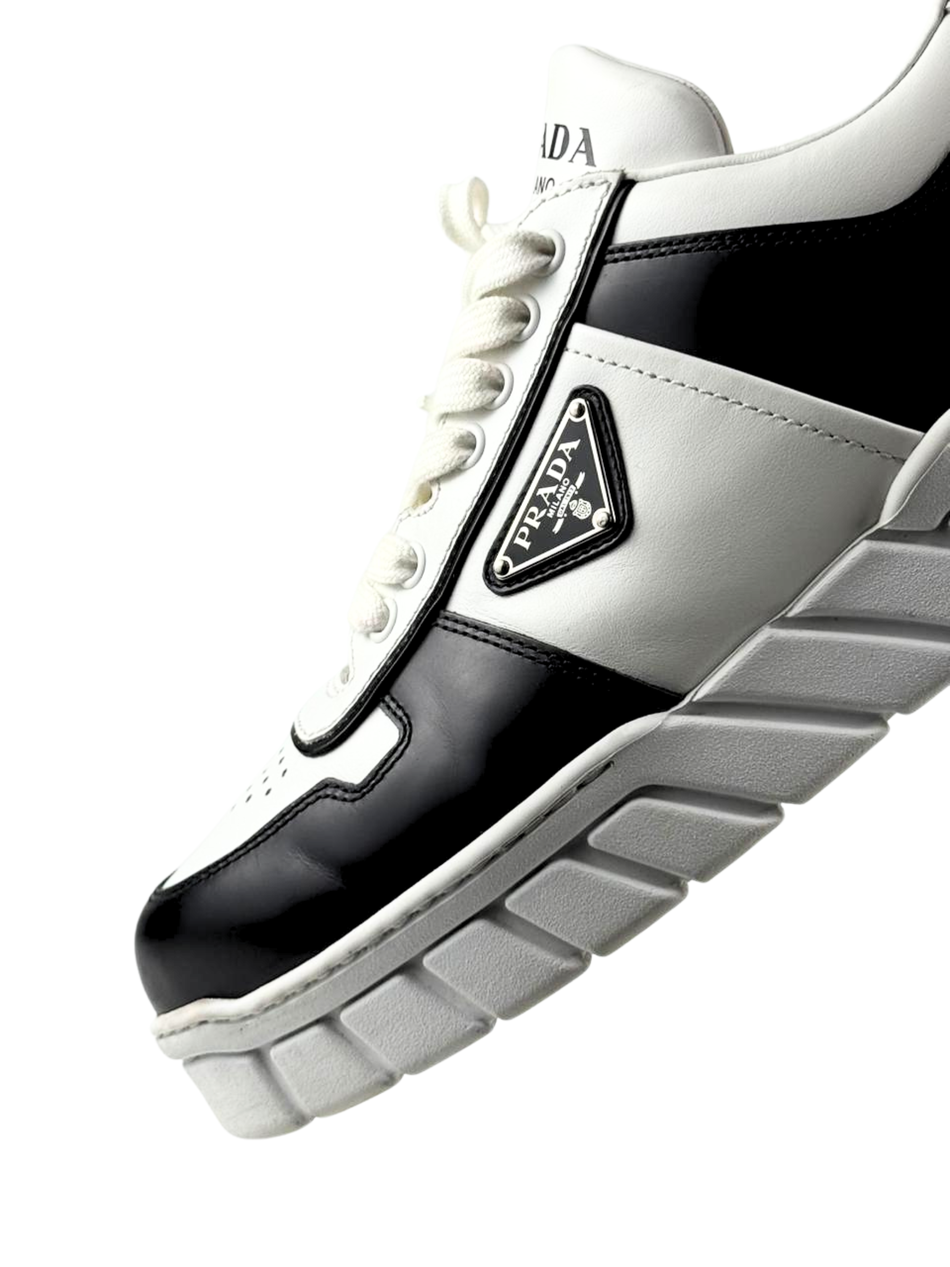 Prada Voluminous Leather Triangle Logo Black & White Sneakers