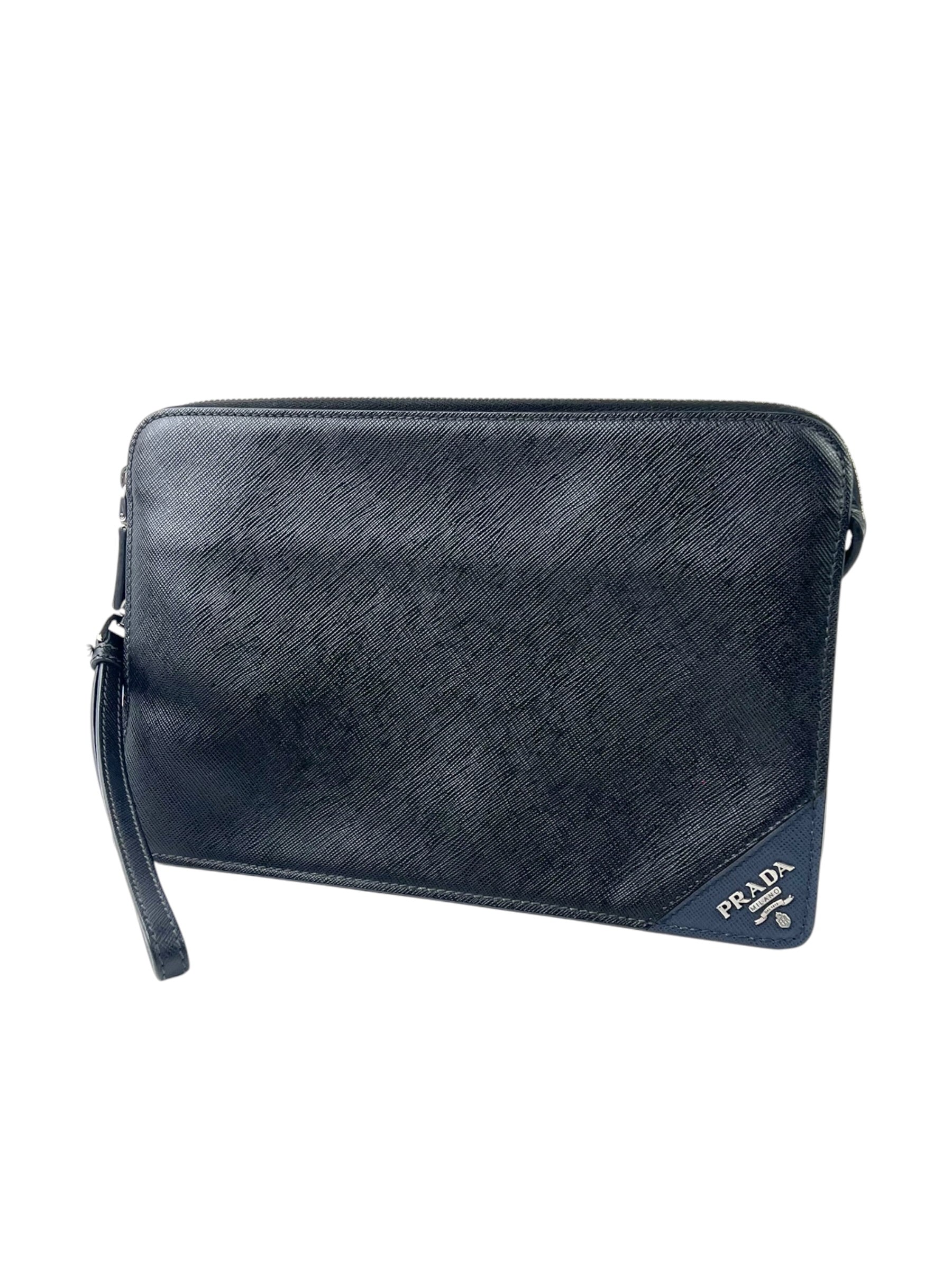 Prada Logo Saffiano Leather Standing Clutch