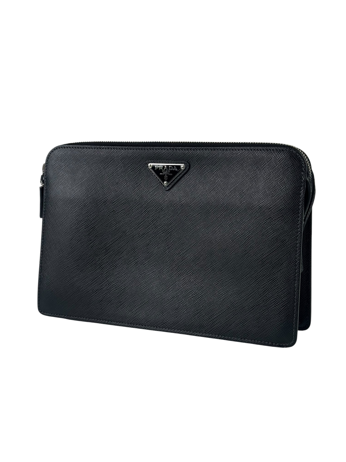 Prada Triangle Logo Saffiano Leather Standing Clutch