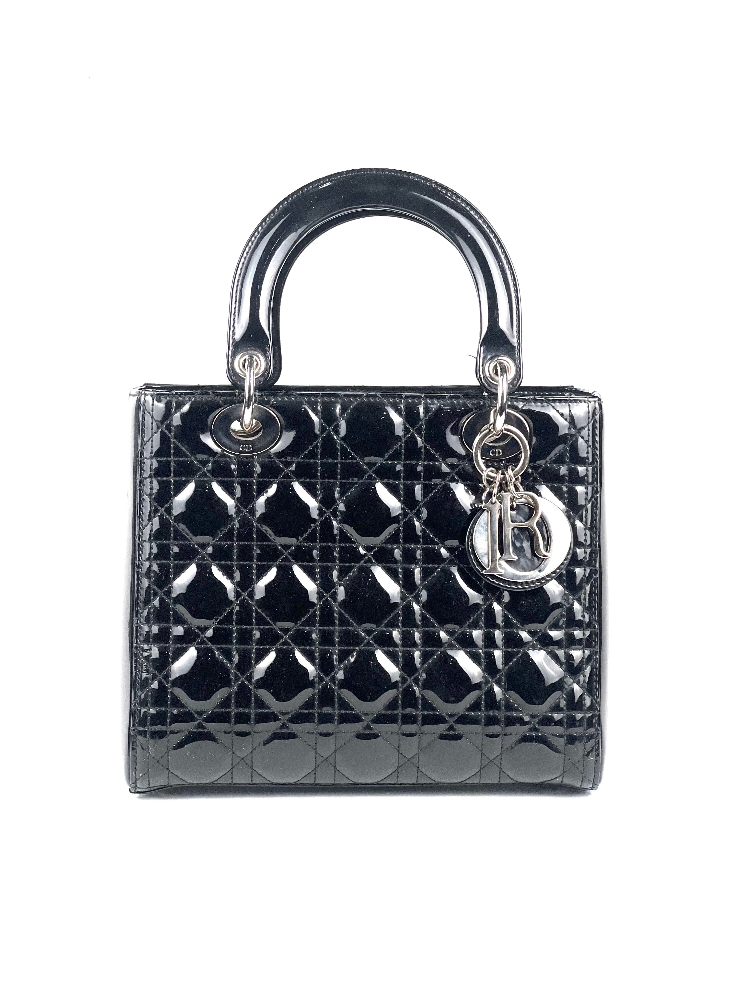 Christian Dior Lady Dior Medium Black Patent Shoulder Bag