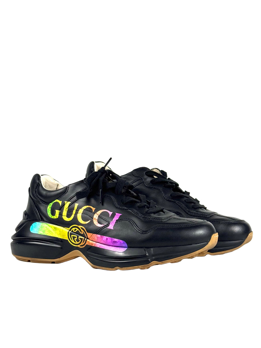 Gucci Logo Rainbow Black Leather Rhyton Sneakers
