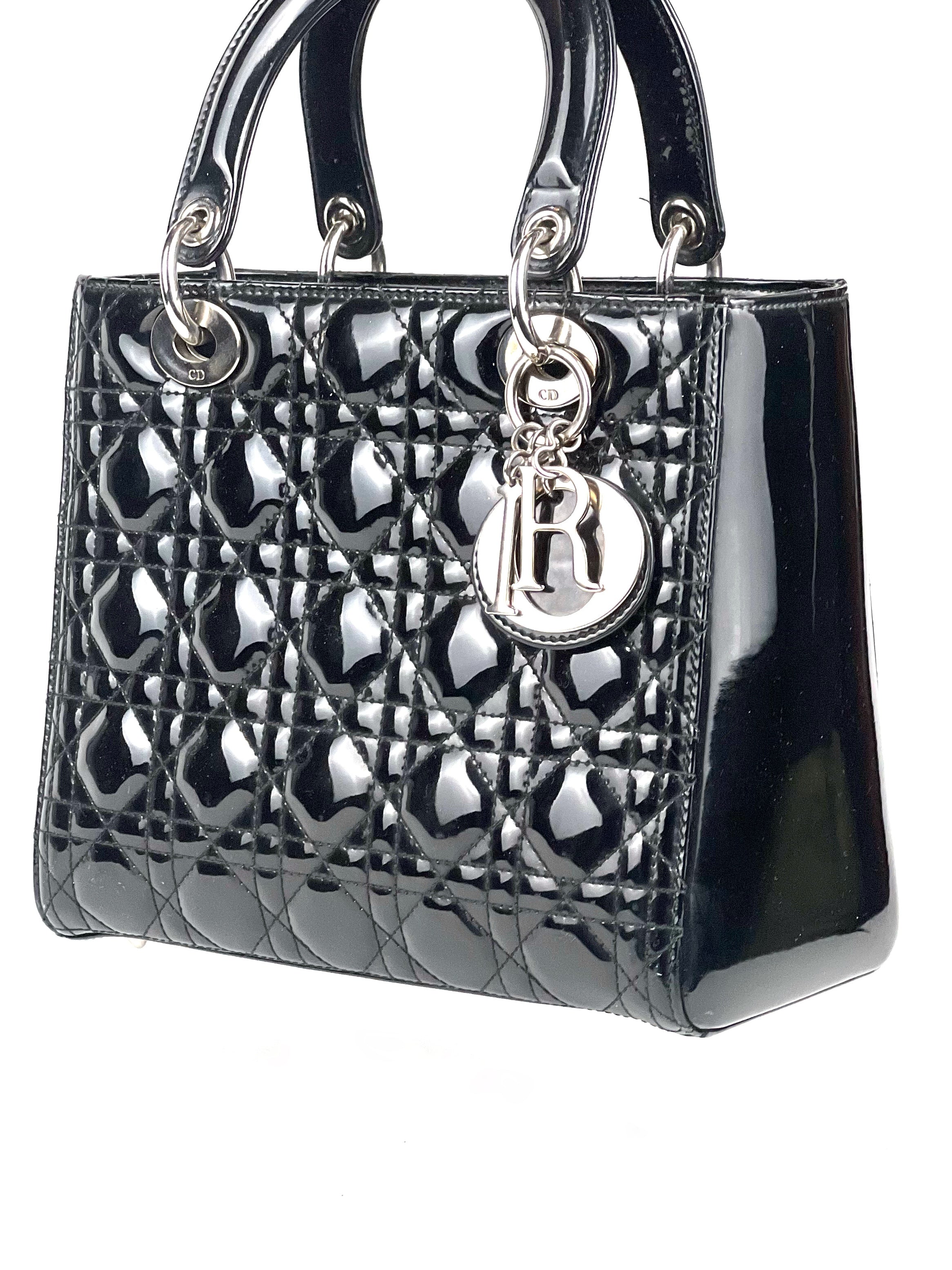 Christian Dior Lady Dior Medium Black Patent Shoulder Bag