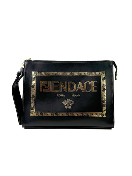 Fendi x Versace Leather Logo Black Clutch