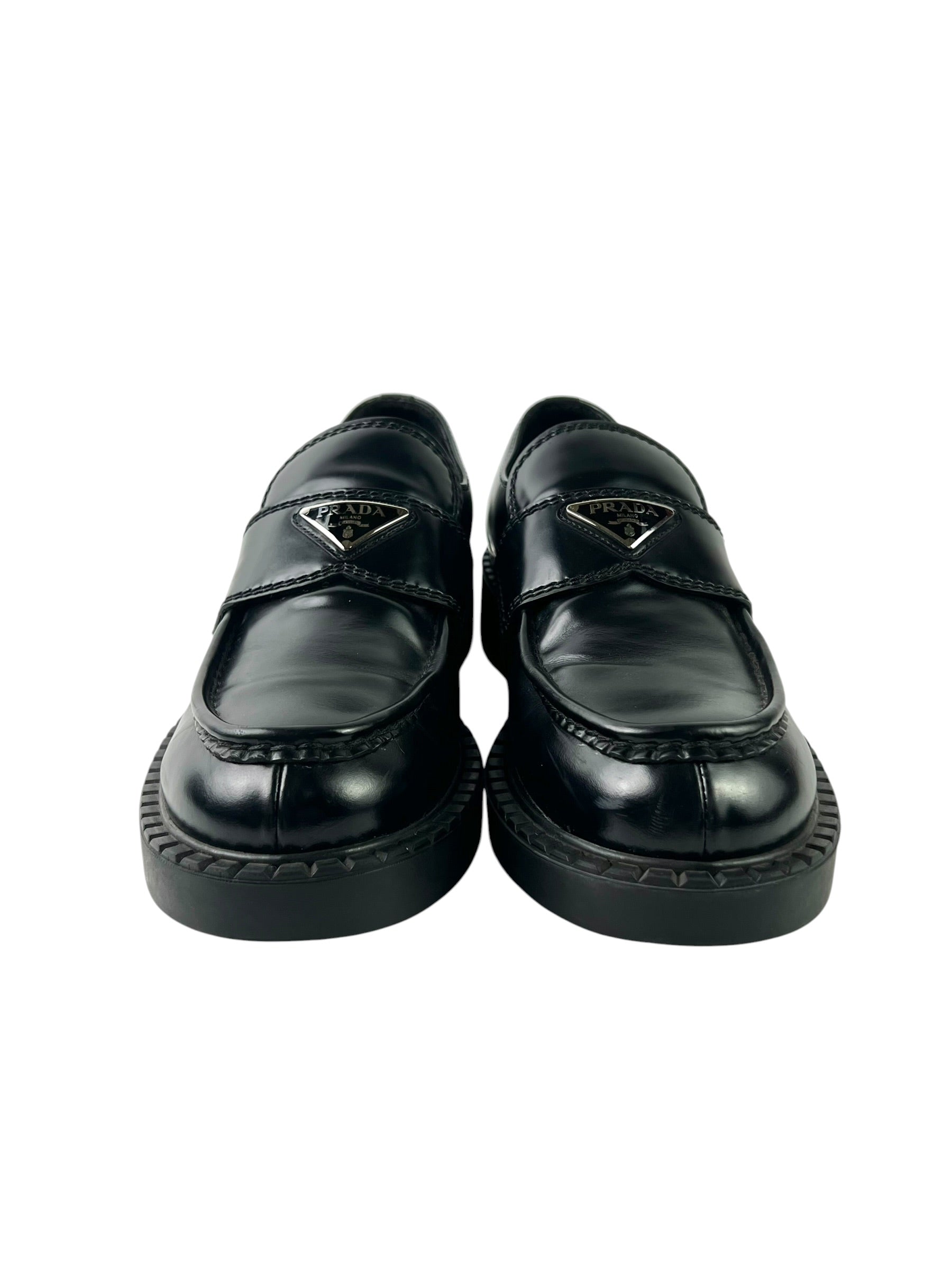 Prada Triangle Logo Chocolate Brushed Leather Loafers