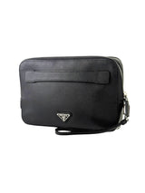 Prada Triangle Logo Saffiano Leather Black Double Zipper Clutch 3