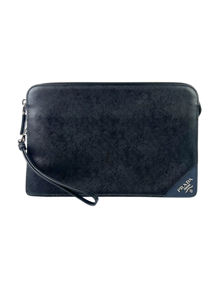 Prada Logo Saffiano Leather Standing Clutch