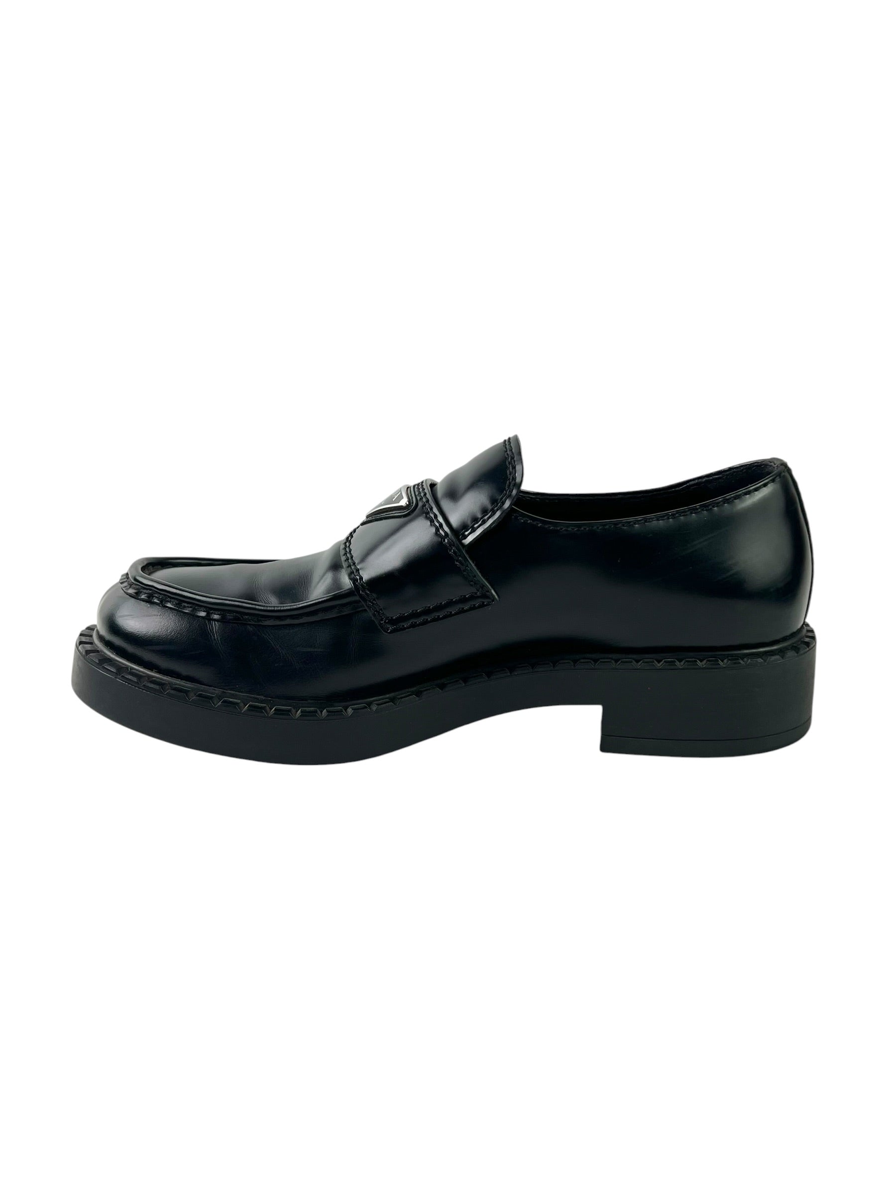 Prada Triangle Logo Chocolate Brushed Leather Loafers