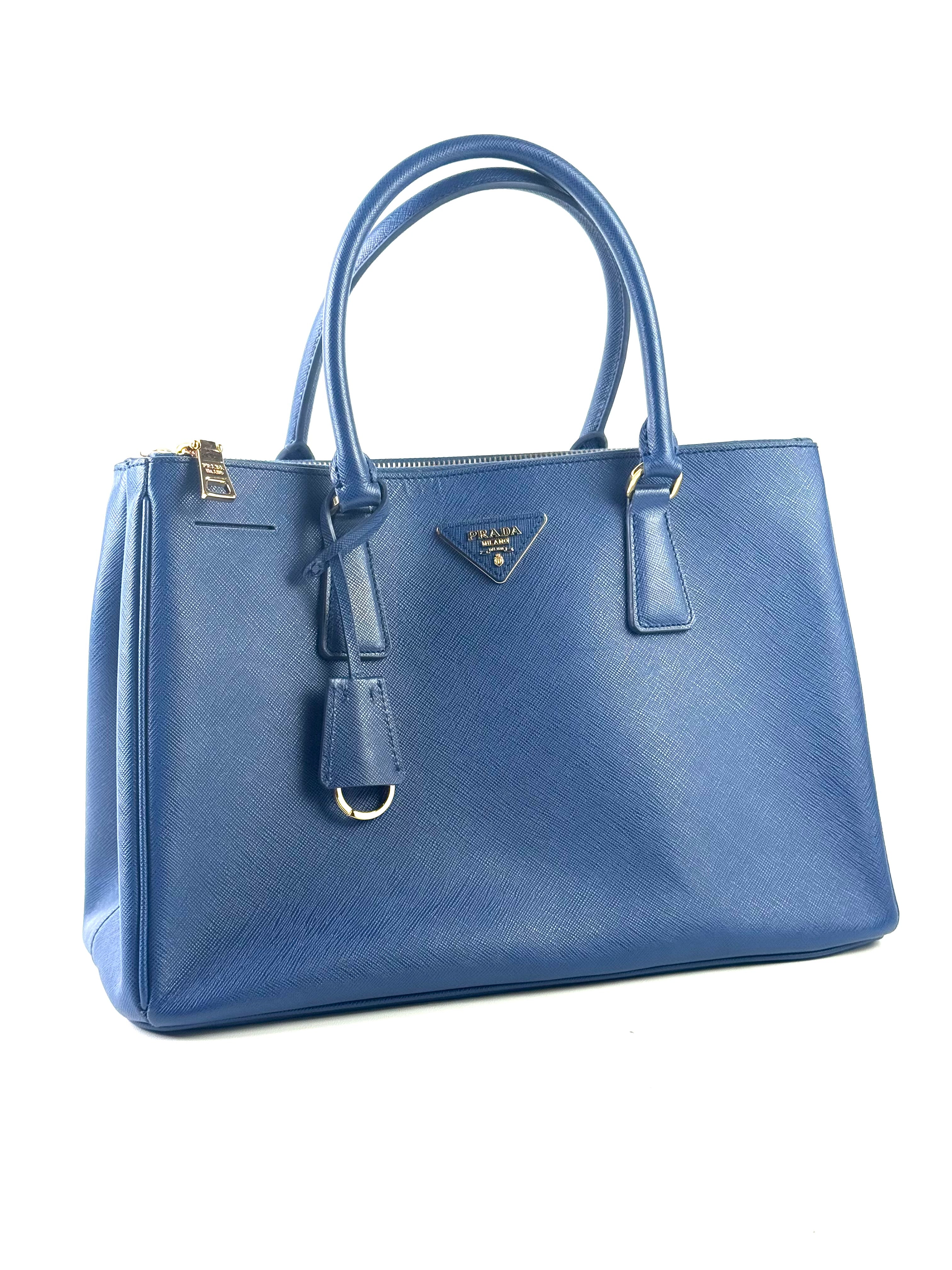 Prada Saffiano Blue Lux Double Zip Tote Bag