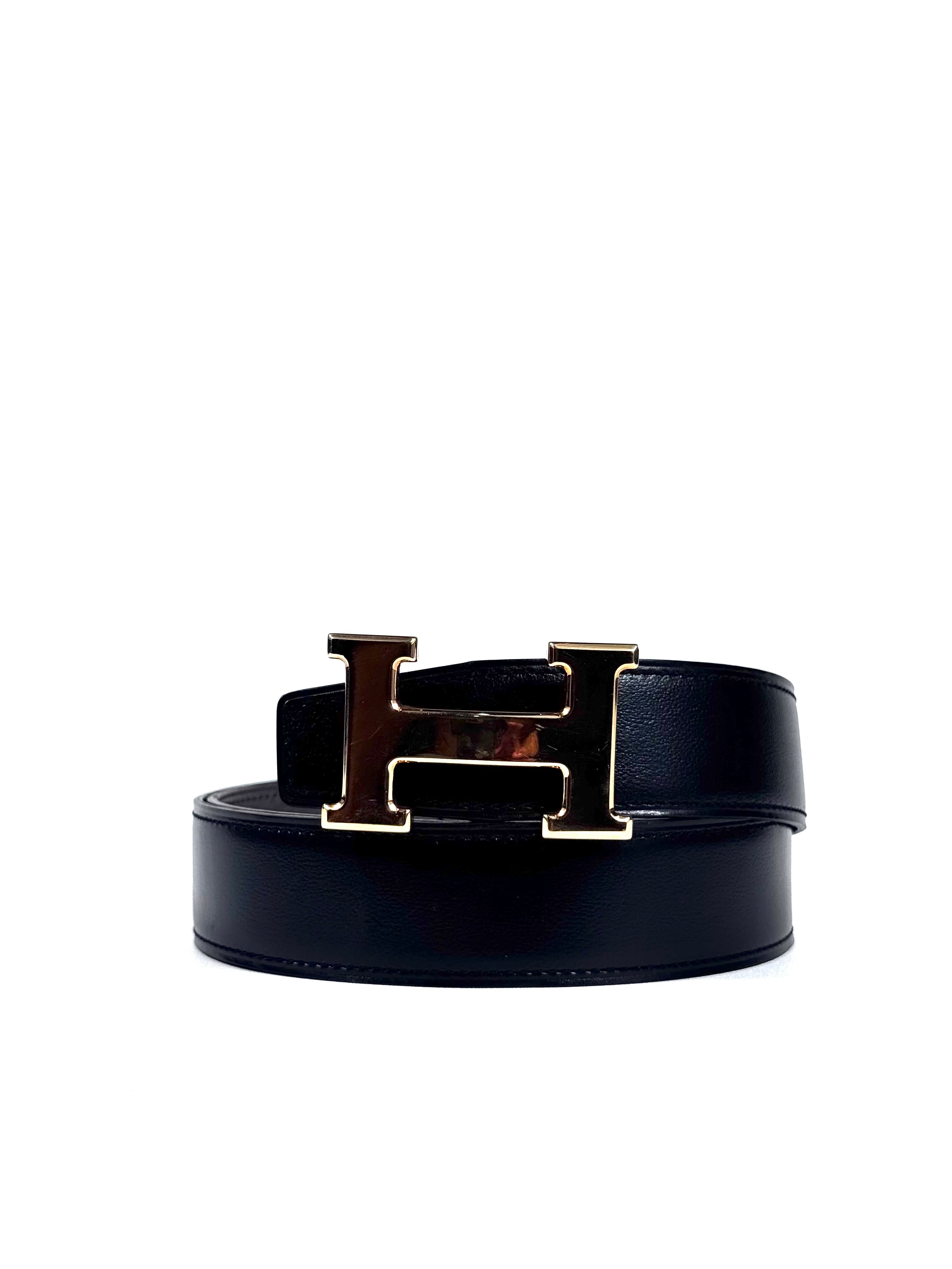 Hermes H Gold Buckle Reversible Black / Grey Belt